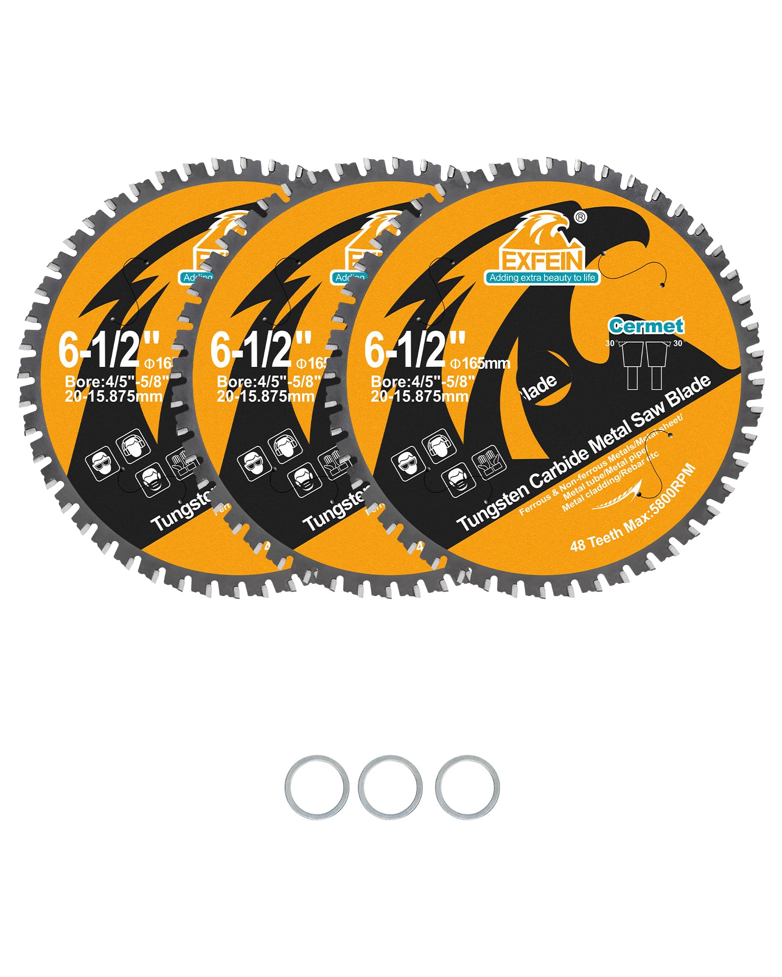 EXFEIN Metal Cutting Blade 165mm 48T for Rebar, Angle Iron, Pipes, Channels, Ceramic Cemented Carbide with 5/8" Arbor, 3-Pack