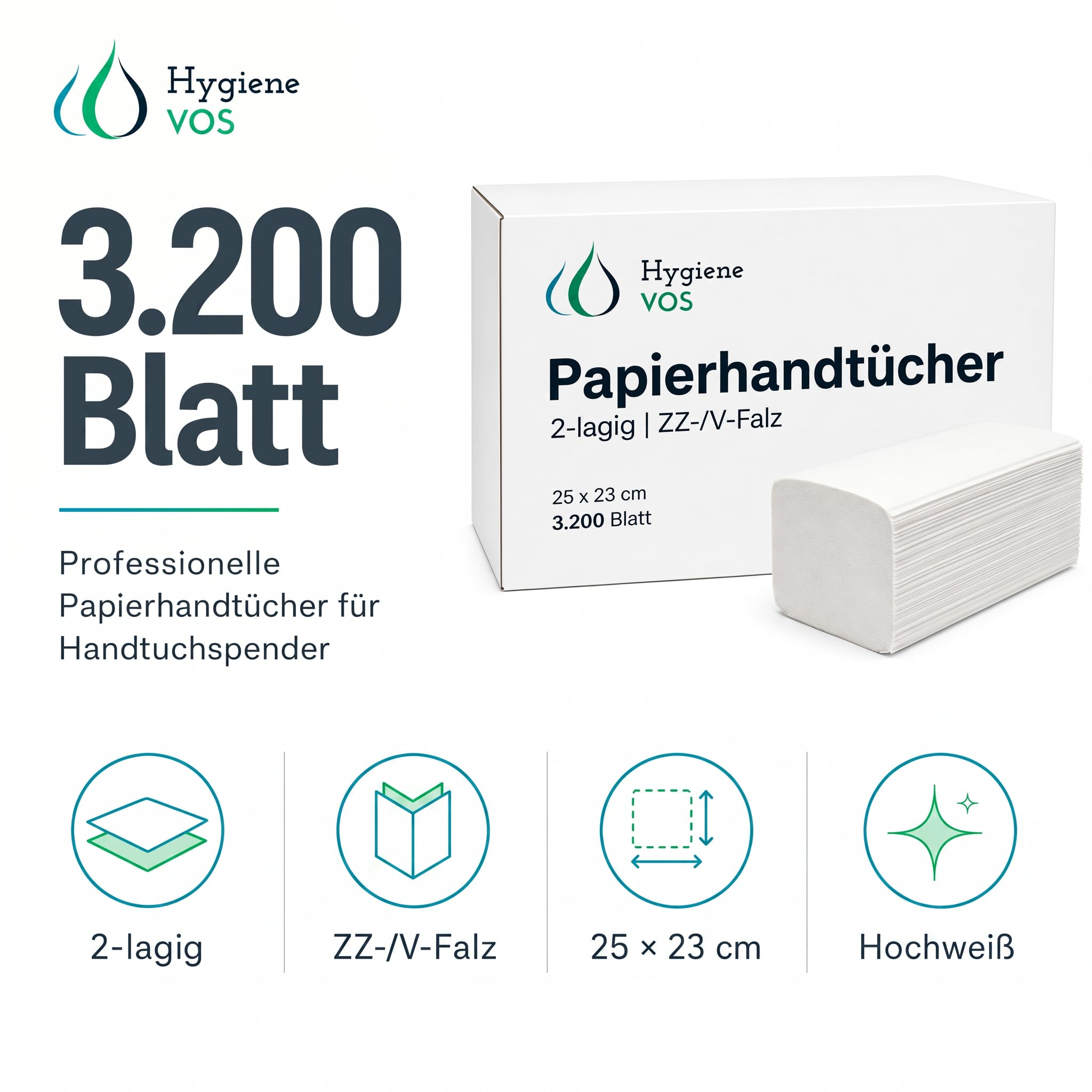 Hygiene VOS toallas de papel blanco brillante, 3200 hojas, 2 capas, pliegue en V en zigzag, 25 x 23 cm, para gastronomía, consultas, oficinas