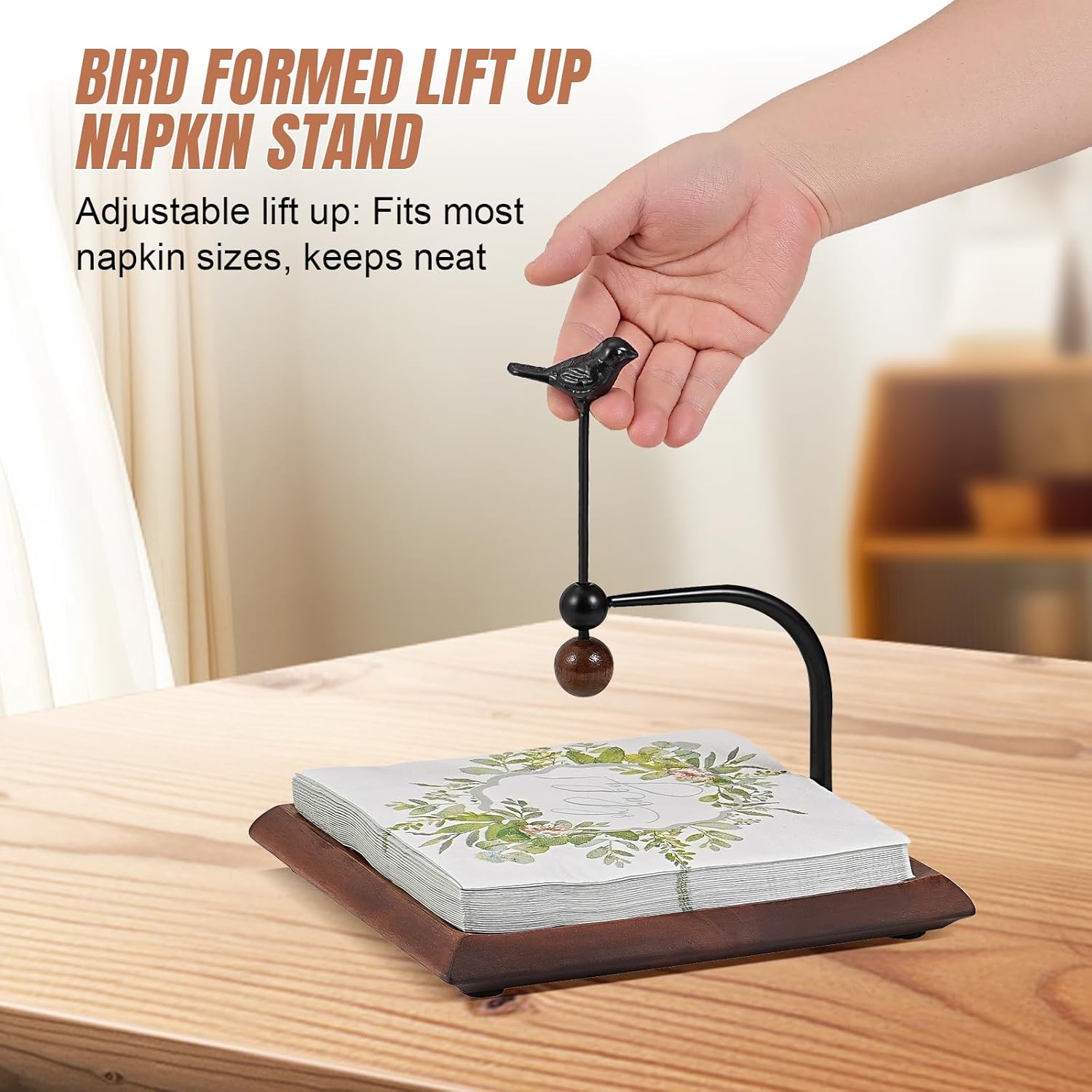 Napkin Holder for Table with Unique Bird - shaped Design, Cocktail Napkin Holder. Wooden Base & Iron Build Ensure Stability and Durability. A Tasteful Decor for Kitchen, Living Room and Garden