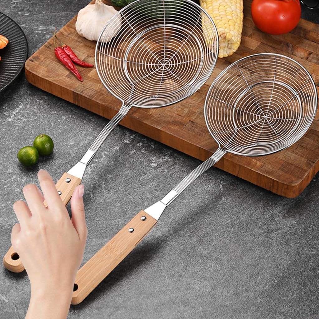 Stainless Steel Slotted Spoon Skimmer Ladle with Wood Handle for Cooking Use