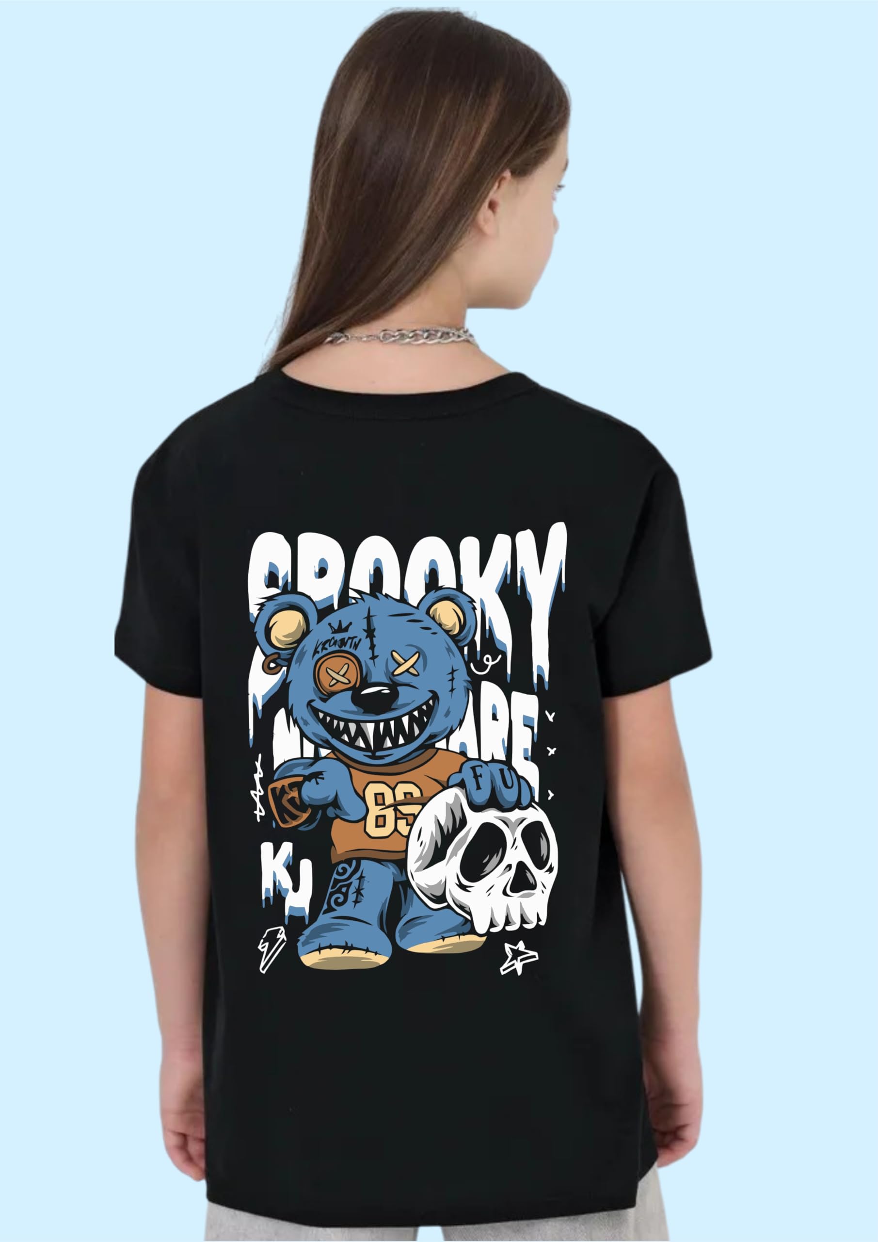 Uniplanet Store Camiseta negra de mezcla de algodón, media manga, ajuste regular, espalda espeluznante, estampada, color negro