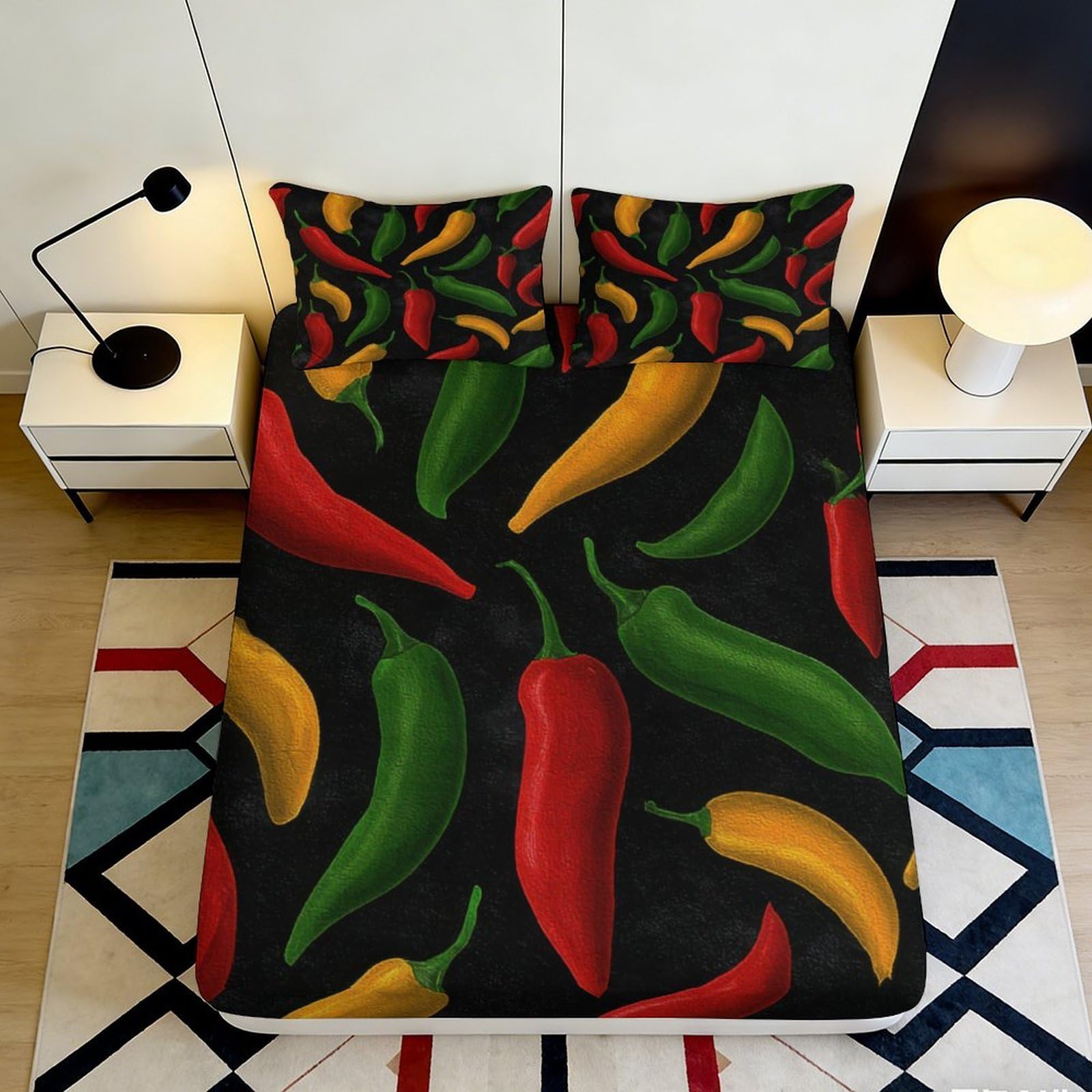 3D Printed Colorful Chili Peppers Fitted Sheet Microfiber Soft Breathable Vibrant Pepper Mattress Cover for Bedroom Dorm Dormitory Guest Room Decor 120x200x25cm