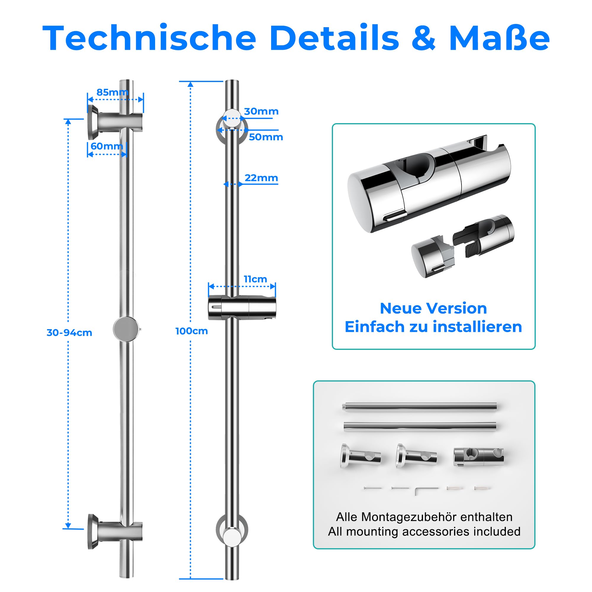 JOHO Dusche Brausestange Edelstahl mit Duschkopfhalter und Variable Wandbefestigungen, bestehende Bohrlöcher nutzbar, Duschstange 100 cm, Chrom