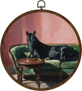 After the Ball Round Wall Art Decor,Vintage Artwork of Decadent Horse on Sofa, Moody Style Antique Art Nouveau Canvas Print,Funny Animal Wall Hanging Decor for Bedroom Living Room,10In Black-House