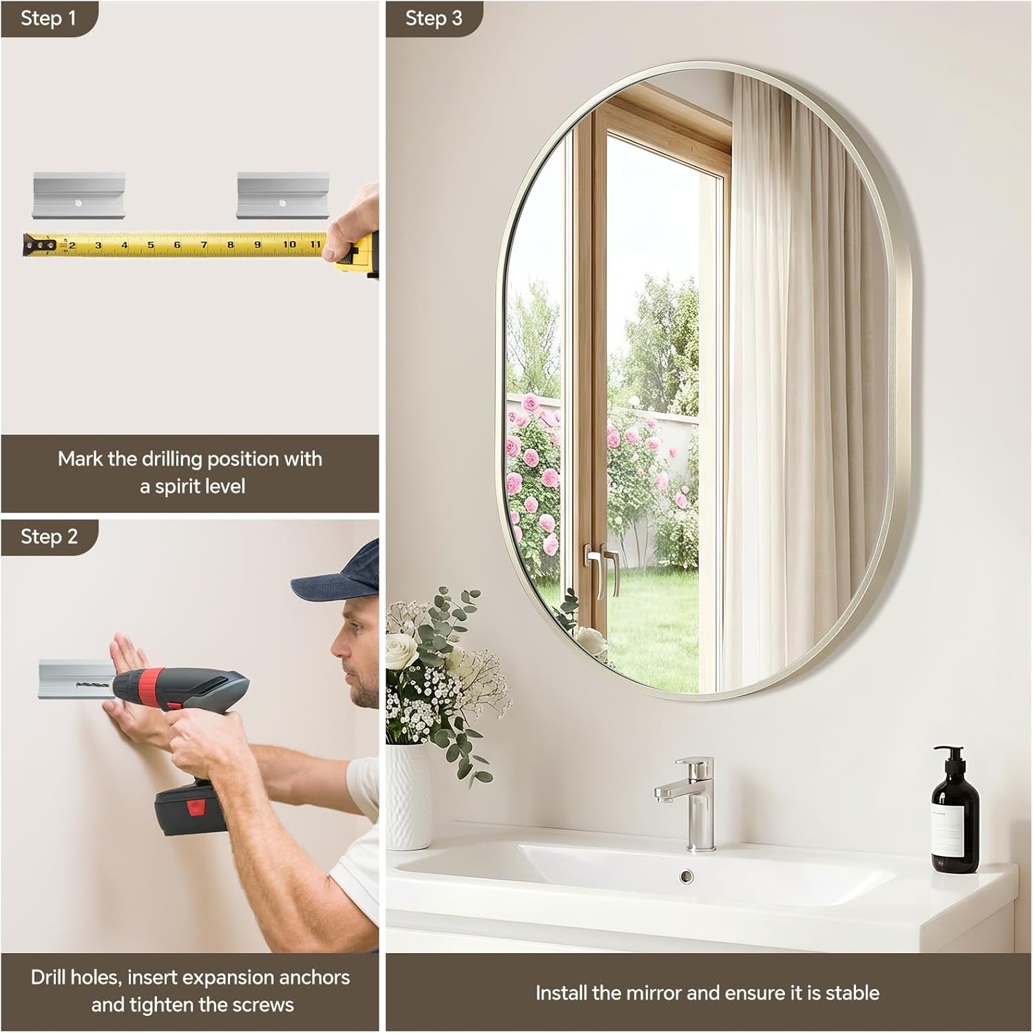 Brushed Nickel Oval Mirror, 17x30 Inch Oval Bathroom Mirror, Mirror for Wall Decor, Vanity, Entryway, Living Room, Horizontally/Vertically