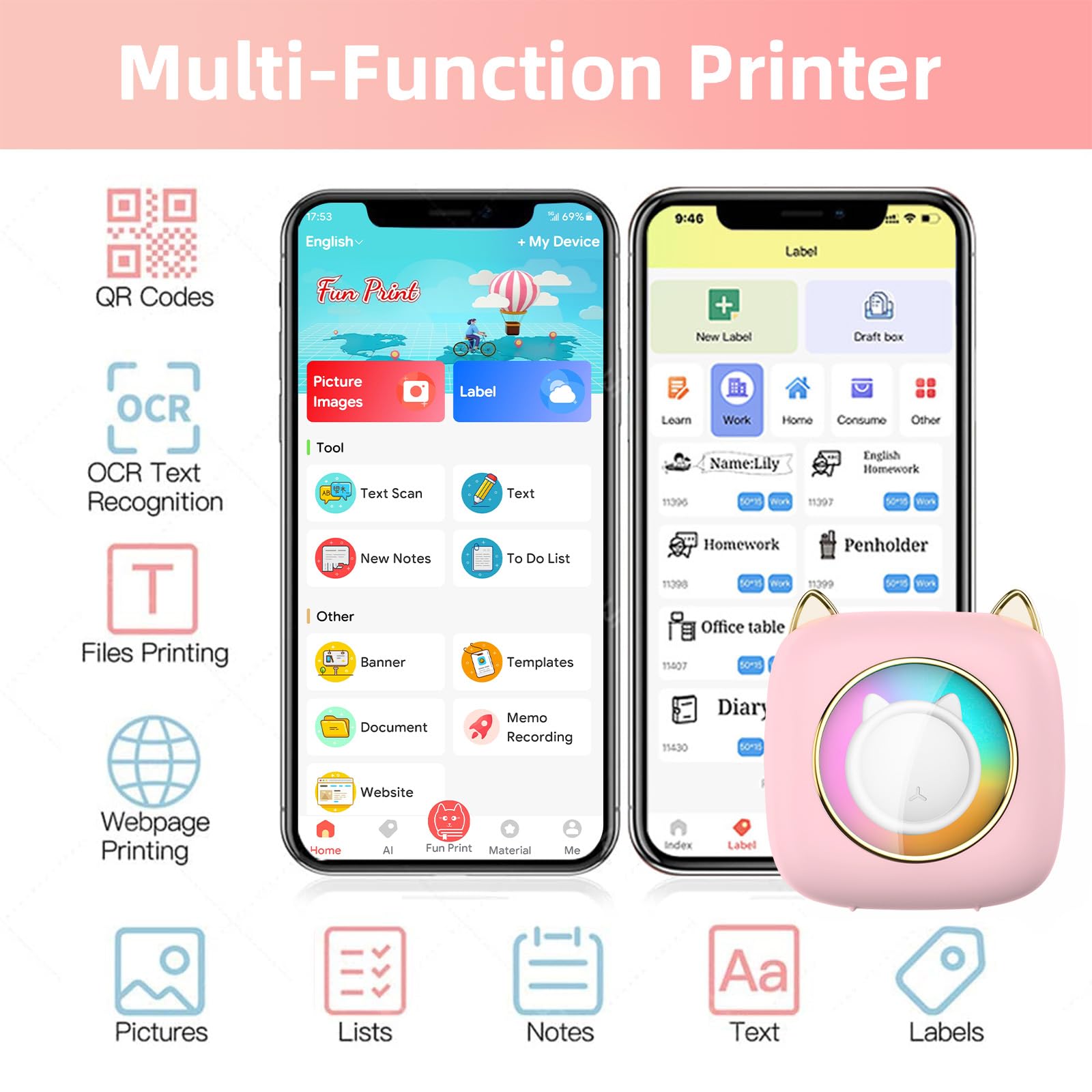 Mini Impresora para Movil, Mini Impresora Termica Fotográficas, Bluetooth Inalámbrico Impresora Térmica, Portátil Impresora Termica, Movil Impresora Fotos, para Fotos Nota, Rosa