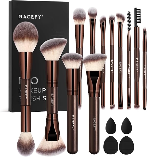 MAGEFY Makeup Brushes 22-in-12 Professional Makeup Brush Set Double-End Make Up Brushes for Powder Concealers Eye Shadows Blush with Gift Box (Coffee Brown)