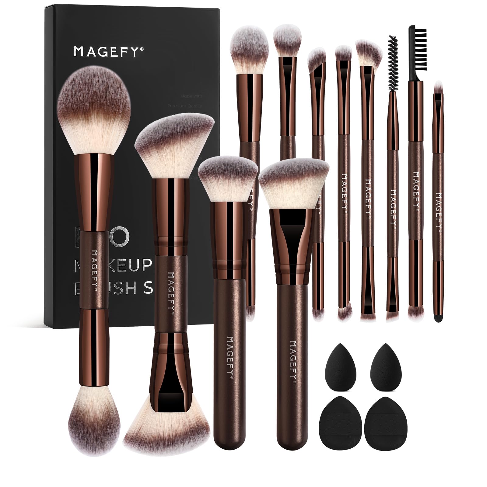 MAGEFY Pinselset Makeup - 12-teiliges + Blender-Schwamm, Duo-End Make up Pinsel Set für Foundation, Puder, Concealer, Lidschatten