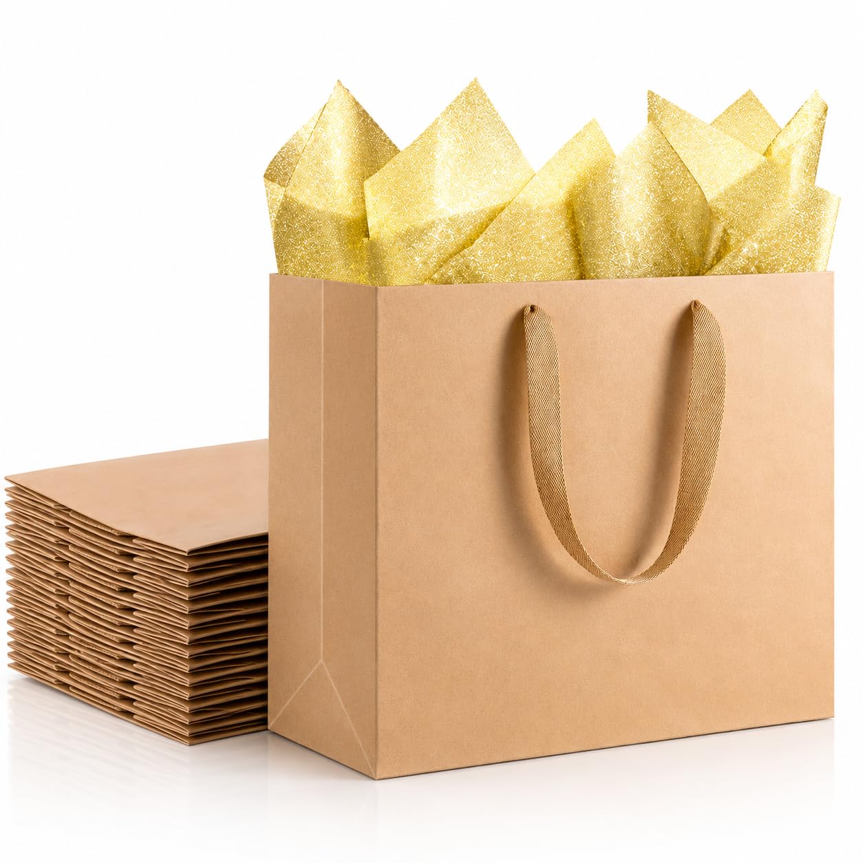 SHIPKEY 12 dużych brązowych torebek prezentowych, torebki typu kraft ze złotym papierem, 32 x 11,5 x 28 cm, papierowe torebki z uchwytami, 12 szt