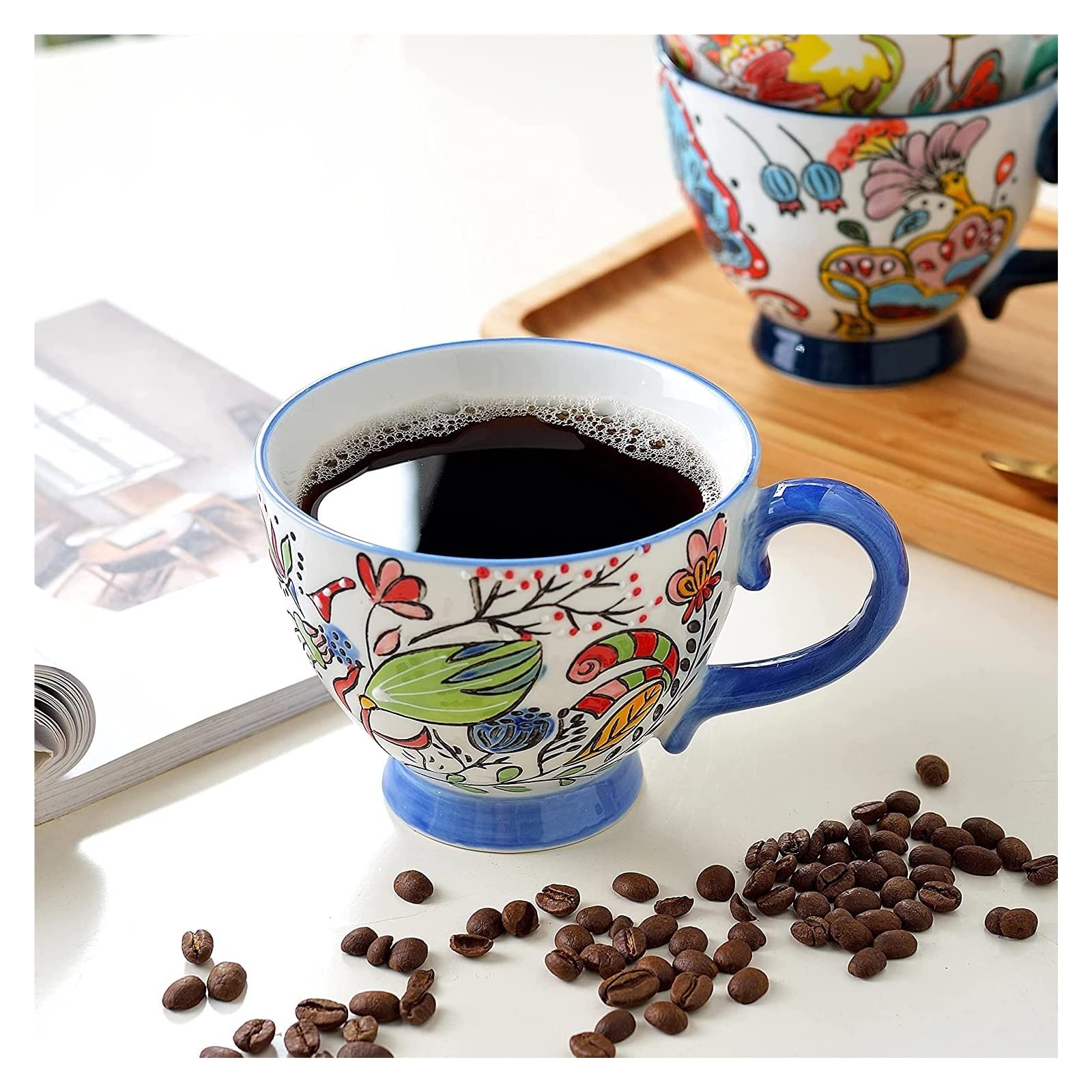 Orientalny ceramiczny zestaw do herbaty, zestaw do herbaty, czajniczek, filiżanka do kawy Ręcznie robione kwiatowe ceramiczne kubki do kawy Zestaw 4 filiżanek Latte do cappuccino, herbaty, kakao, mlek