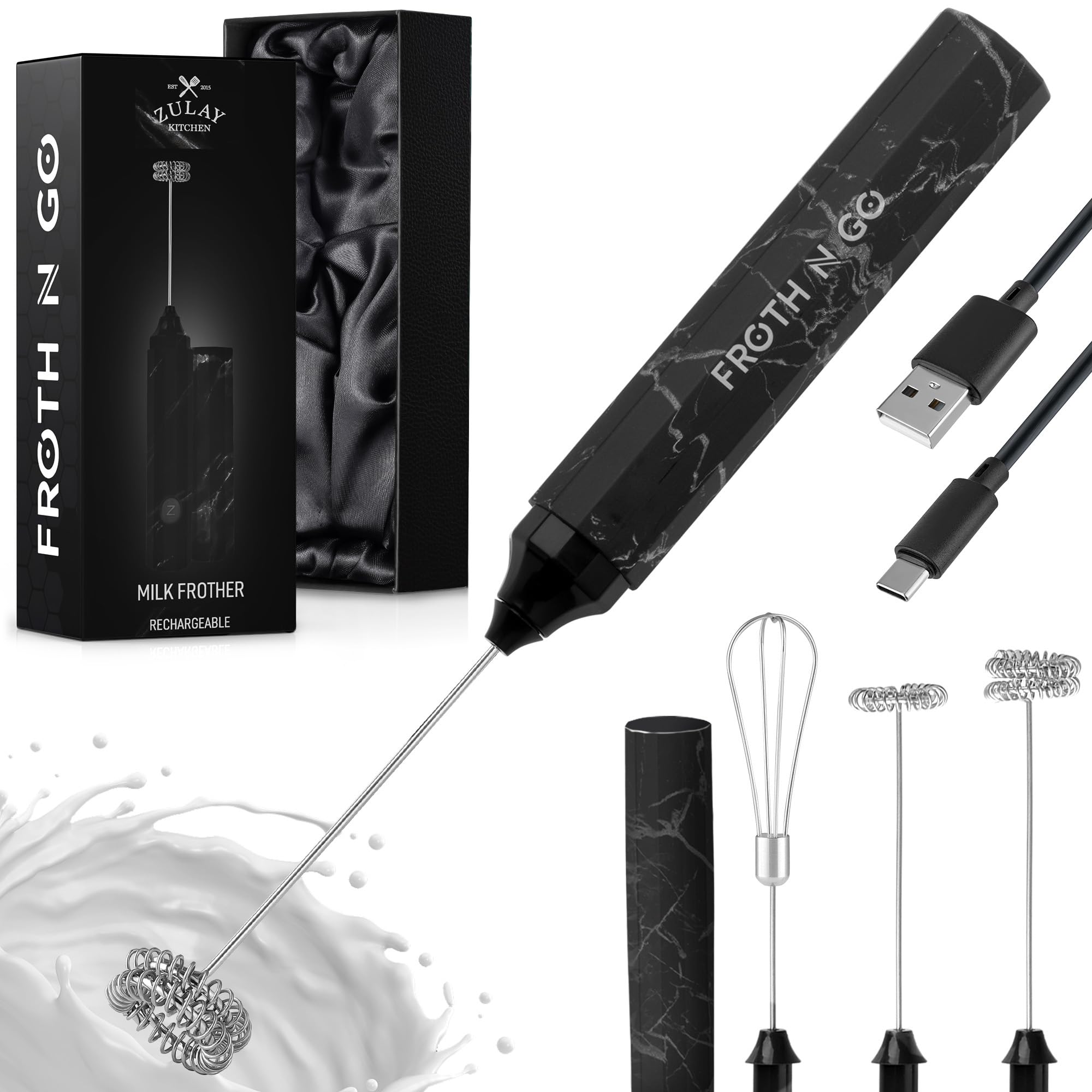 Zulay Froth N Go Milk Frother – Rechargeable 3-in-1 Handheld Frother Wand with Travel Case &amp; USB-C Charger – Single, Double &amp; Egg Whisk for Latte, Cappuccino, Matcha, Protein Shakes - Forge Marble