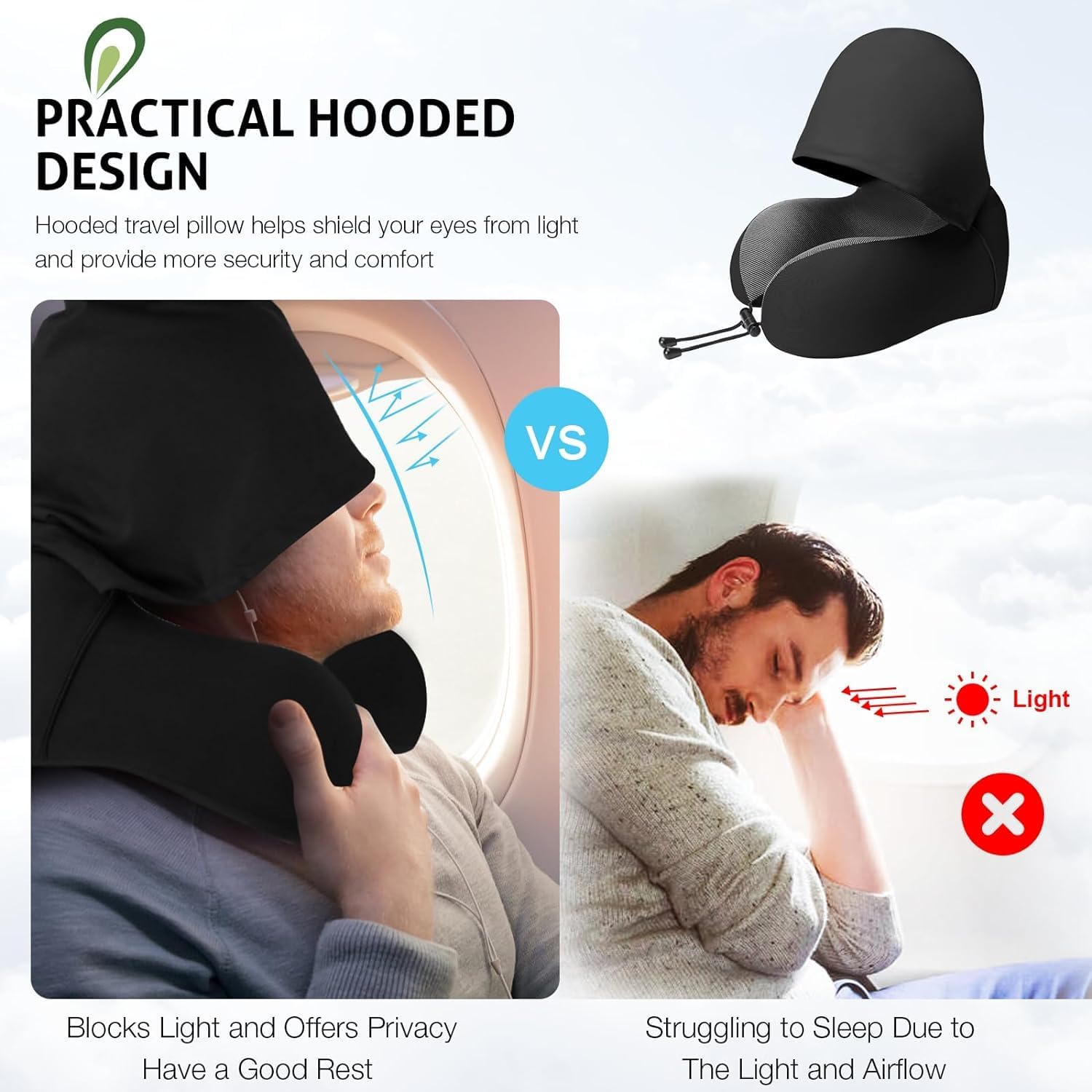CloudBliss Travel Pillow for Neck Memory Foam, Hooded Travel Neck Pillow for Adults, Comfortable Neck Pillow for Travel with Hoodie, Flight Pillow, Airplane Pillow, Travel Cushion for Plane Car Train 1