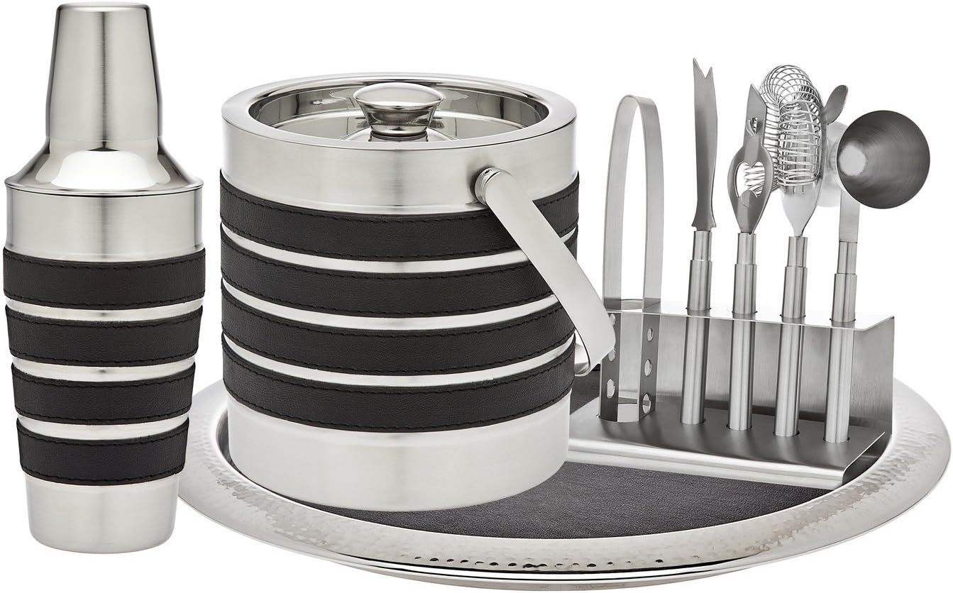 Godinger Silver Art Modern Stripe 7-piece Leather Stainless Steel Home Bar Cocktail Drink Tool Kit Set With Ice Tongs, Ice Bucket, Bottle Opener, Strainer, Jigger, Shaker & Bar Knife