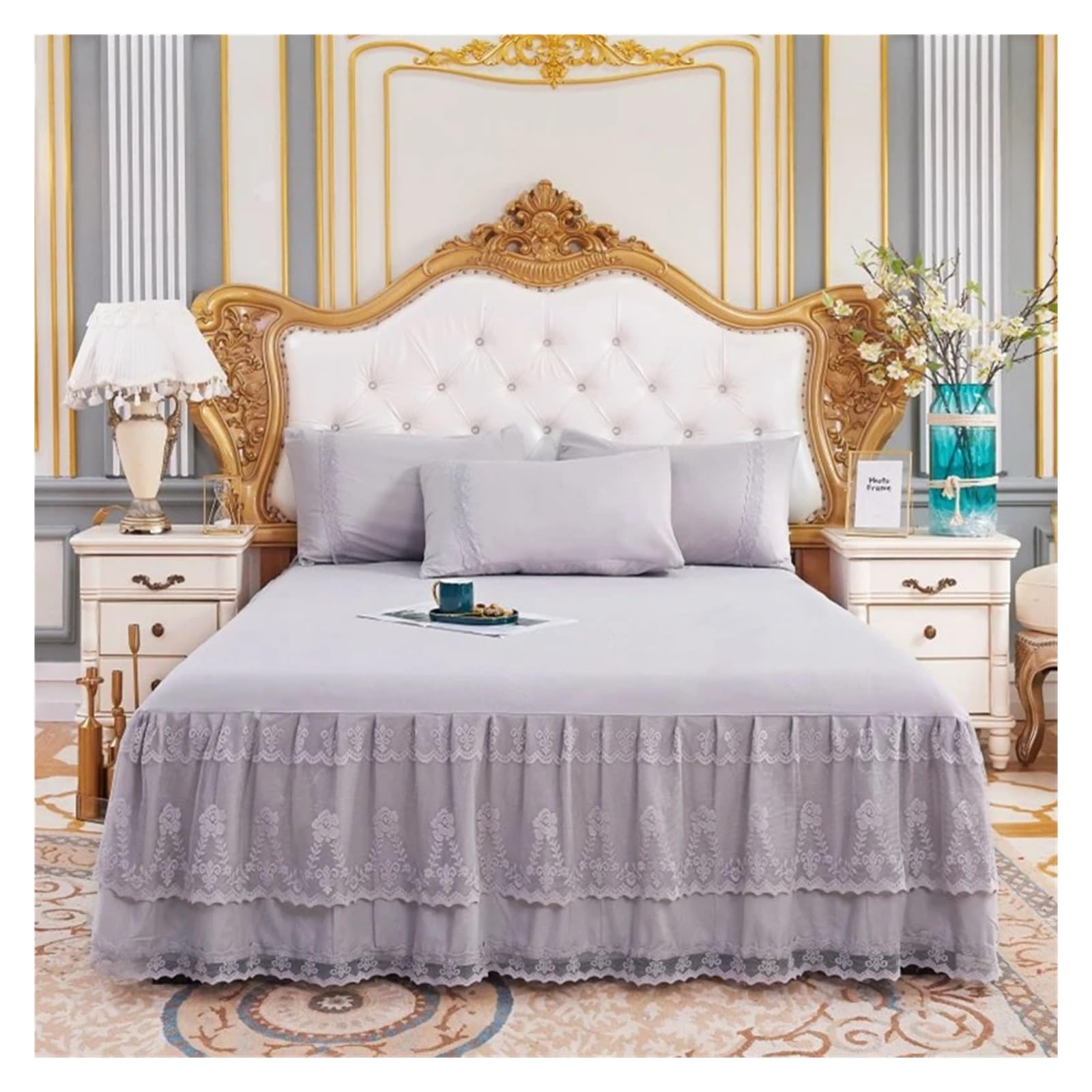 Bed Skirt Pillowcase Bed Set Ruffle Three Layers Lace Bedspreads Sheet Soft Fitted Sheet Cover(10,180x200cm 3pcs set)