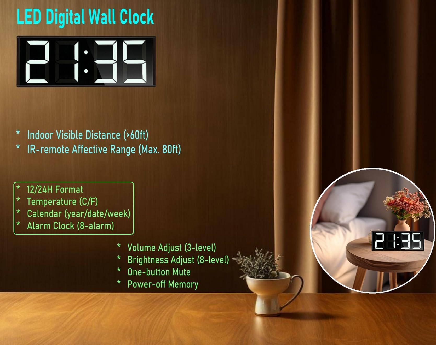 Orologio da parete digitale da 45,7 cm, extra large, per casa, palestra, programmabile, con luce notturna a 7 colori, 8 sveglie, calendario/temperatura, conto alla rovescia e cronometro