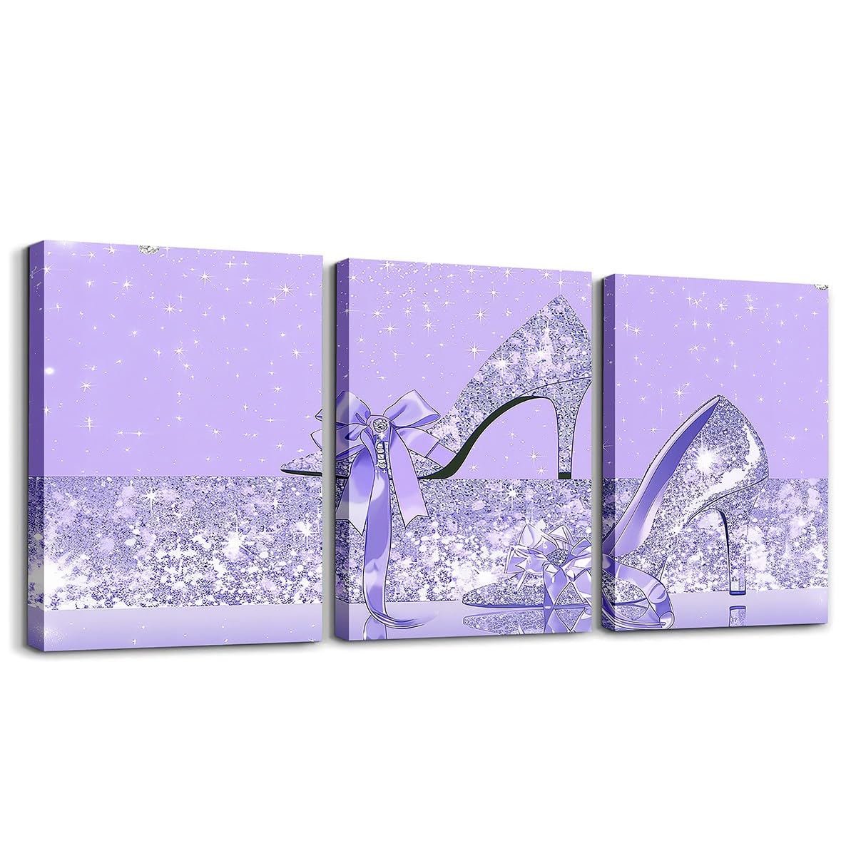 Loussiesd Glitter (No Glitter) Bathroom Wall Art Pastel High-heeled Shoes 3 Piece Canvas Wall Art for Living Room for Stylish Office Wall Decor Artwork Posters 40X30cmx3pcs Silver Shiny (Grey Purple)