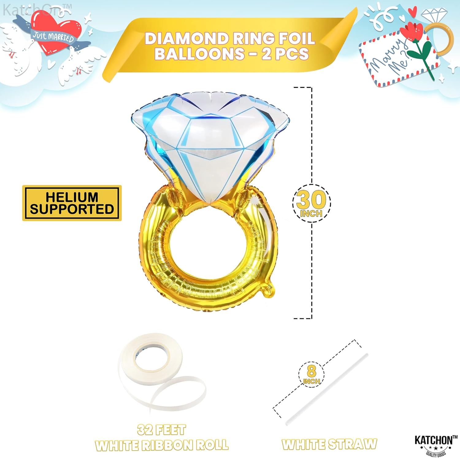 KatchOn, Huge Diamond Ring Balloon - Pack of 3 | Diamond Balloons, Bride To Be Sign with Ring | Glitter Silver Bride To Be Banner for Bachelorette Party Decorations and Bridal Shower Decorations