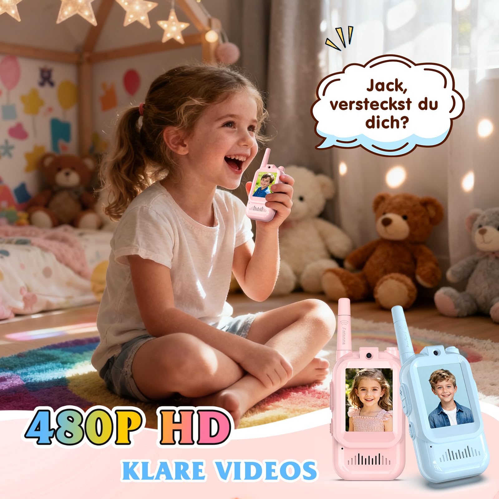 Video Walkie Talkie Kinder,2er Set Walky Talky Kinder Aufladbar Weihnachten Geschenk Spielzeug 3-12 Jahren Junge und Mädchen,5km Walki Talki für Abenteuer im Freien (Blau+Rosa, Einheitsgröße)