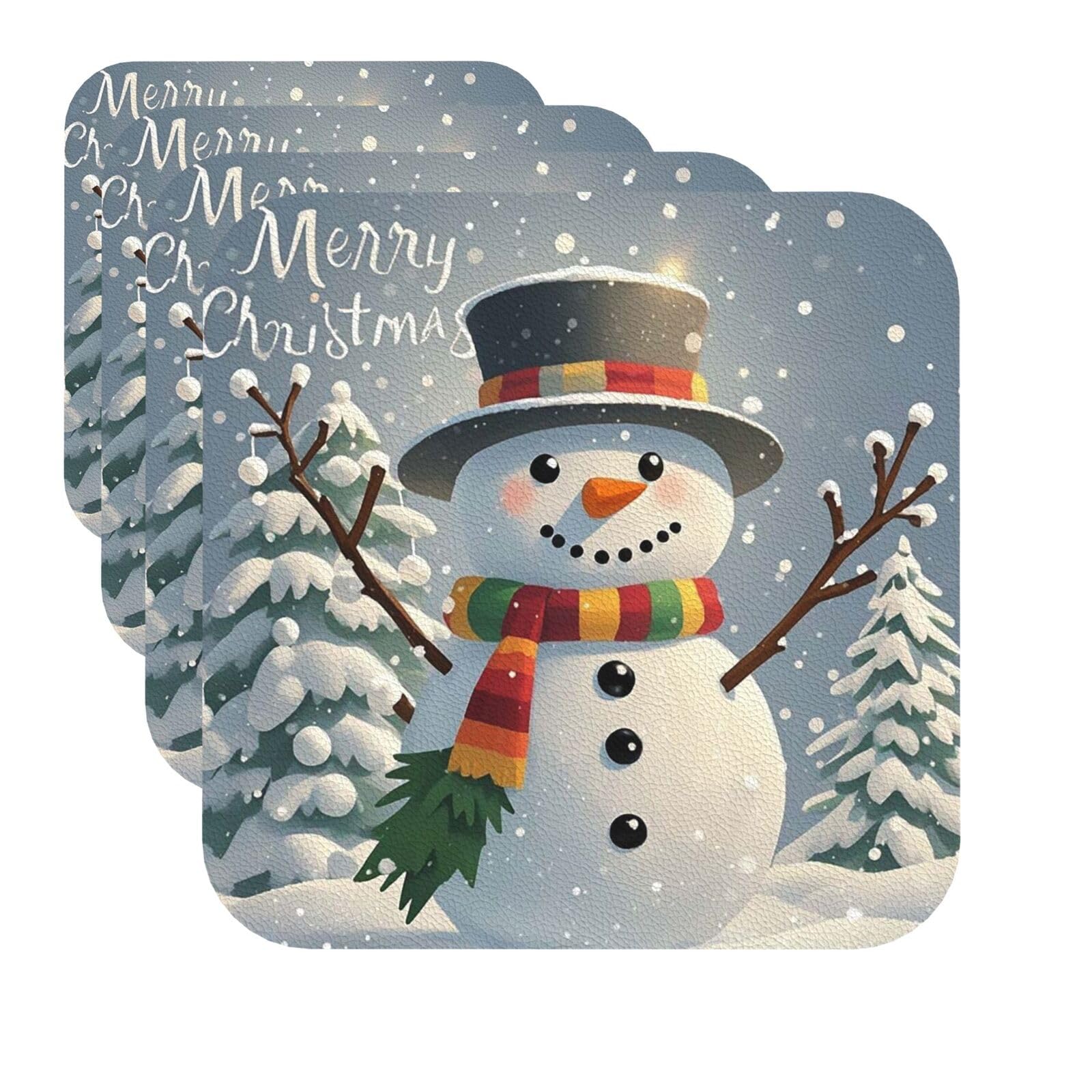 Drink Coasters Set of 4 Quick-Dry Leather Coaster Merry Christmas Snowman Coasters for Drinks Coffee Cup Mat Tabletop Protection Heat Resistant Coaster for Kitchen Bar Office Home Decor