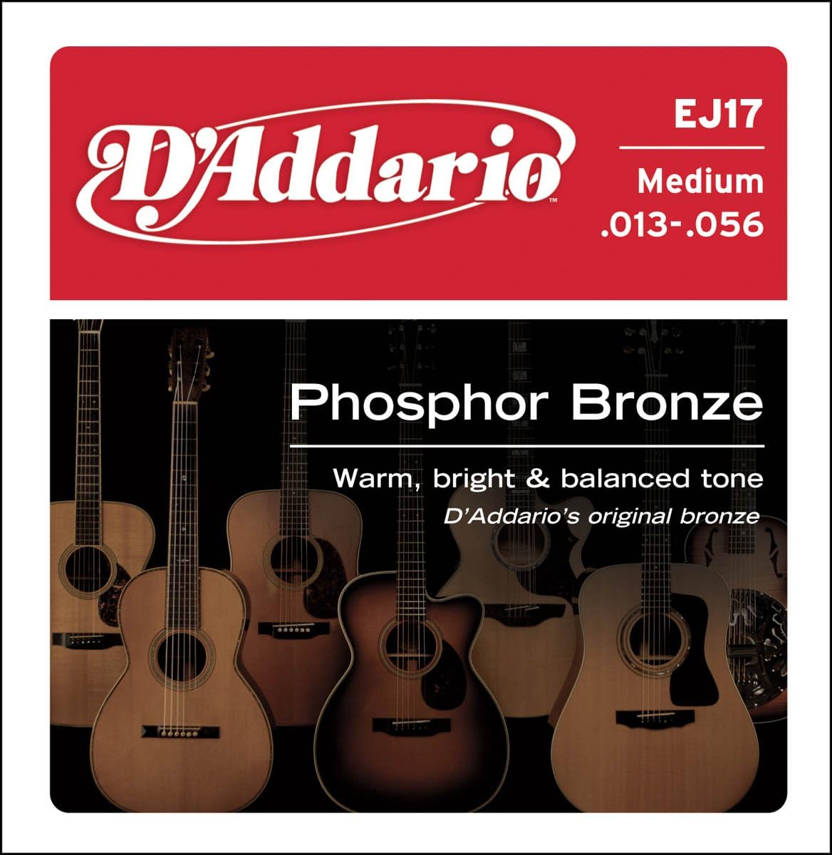 D'Addario EJ17 Phosphor Bronze Acoustic Guitar Strings, Medium, 13-56 (5 Pack)