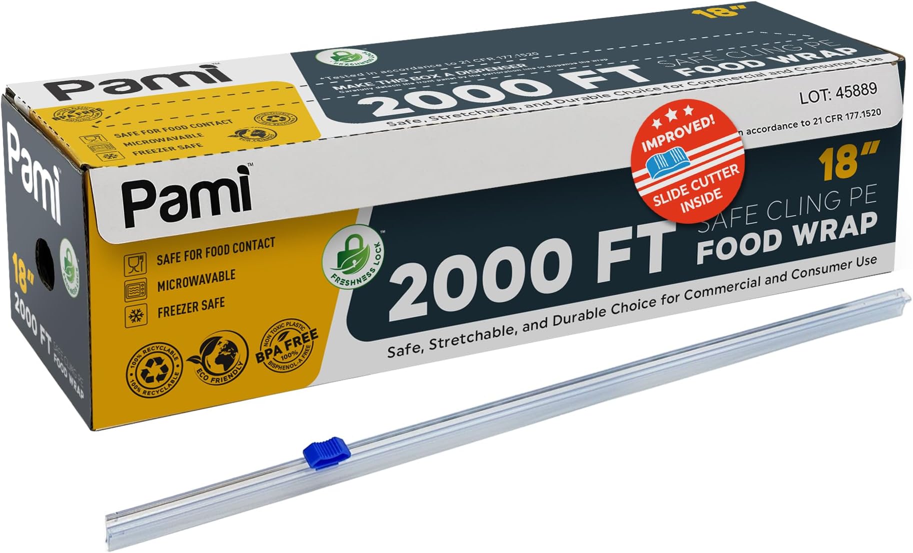 PAMI Plastic Food Wrap 18” x 2000 FT with Slide Cutter – Safe Cling Stretch Film, BPA Free, Microwave & Freezer Safe, Durable Food Storage Wrap for Home & Commercial Use