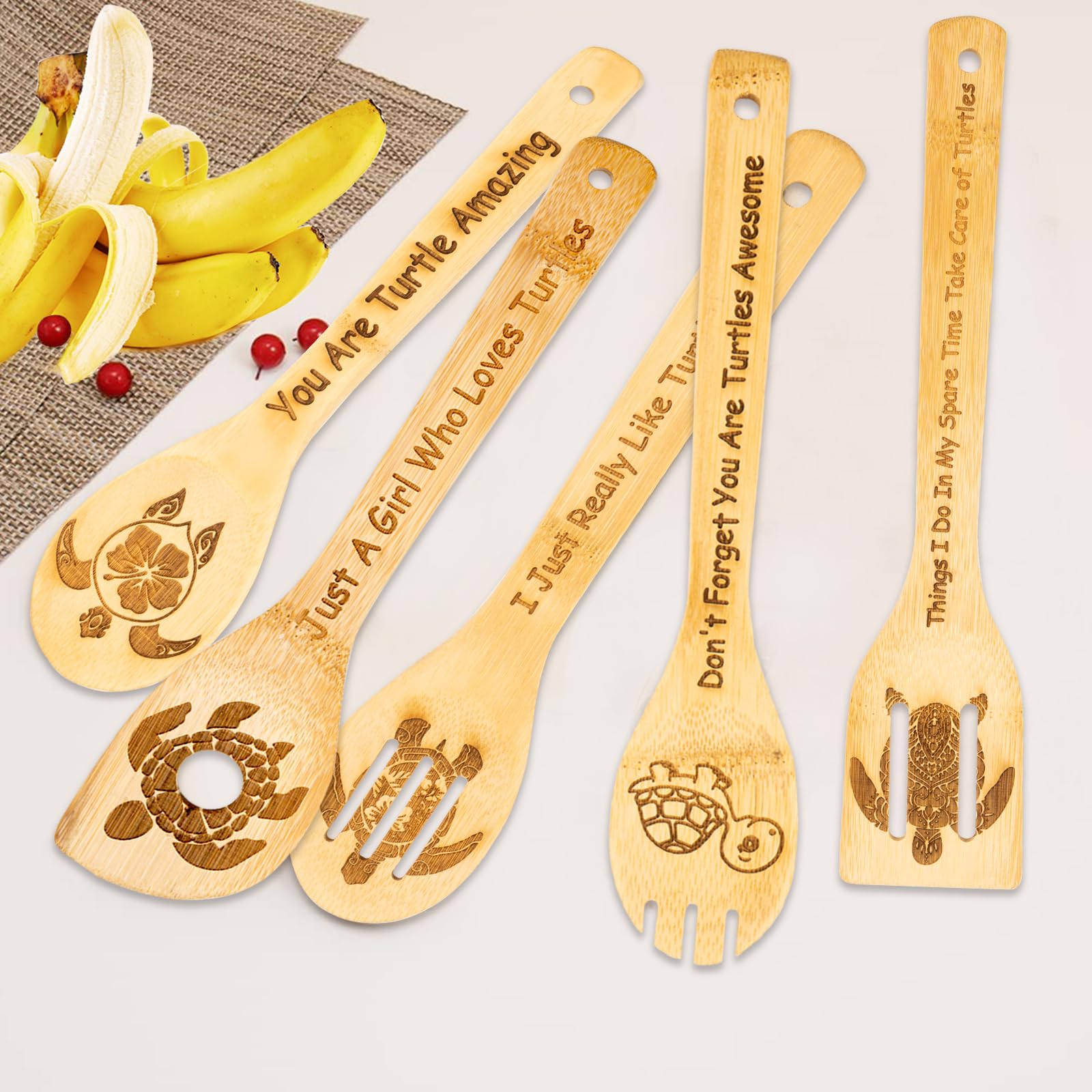 5-teiliges Bambus-Kochlöffel-Set, Schildkrötenmotiv, Küchengeschirr, Geschenk für Frauen, Männer, Hochzeit, Einzug, 30 cm