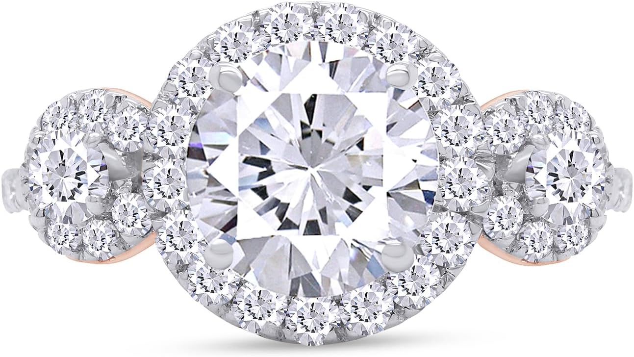 SAVEARTH DIAMONDS Three Stone Design, 2 1/4 CTTW 7.5MM Center Round Cut Lab Created Moissanite Diamond Halo Engagement Ring In 14K Gold Over Sterling Silver (VVS1 Clarity, 2.25 Cttw)