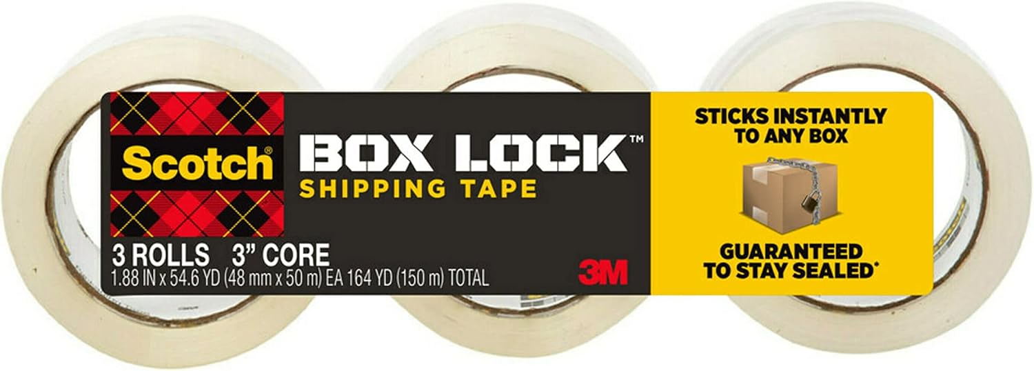 Scotch Box Lock Packaging Tape, 3 Rolls, 1.88 in x 54.6 yd, Extreme Grip Packing, Shipping and Mailing Tape, Sticks Instantly to Any Box