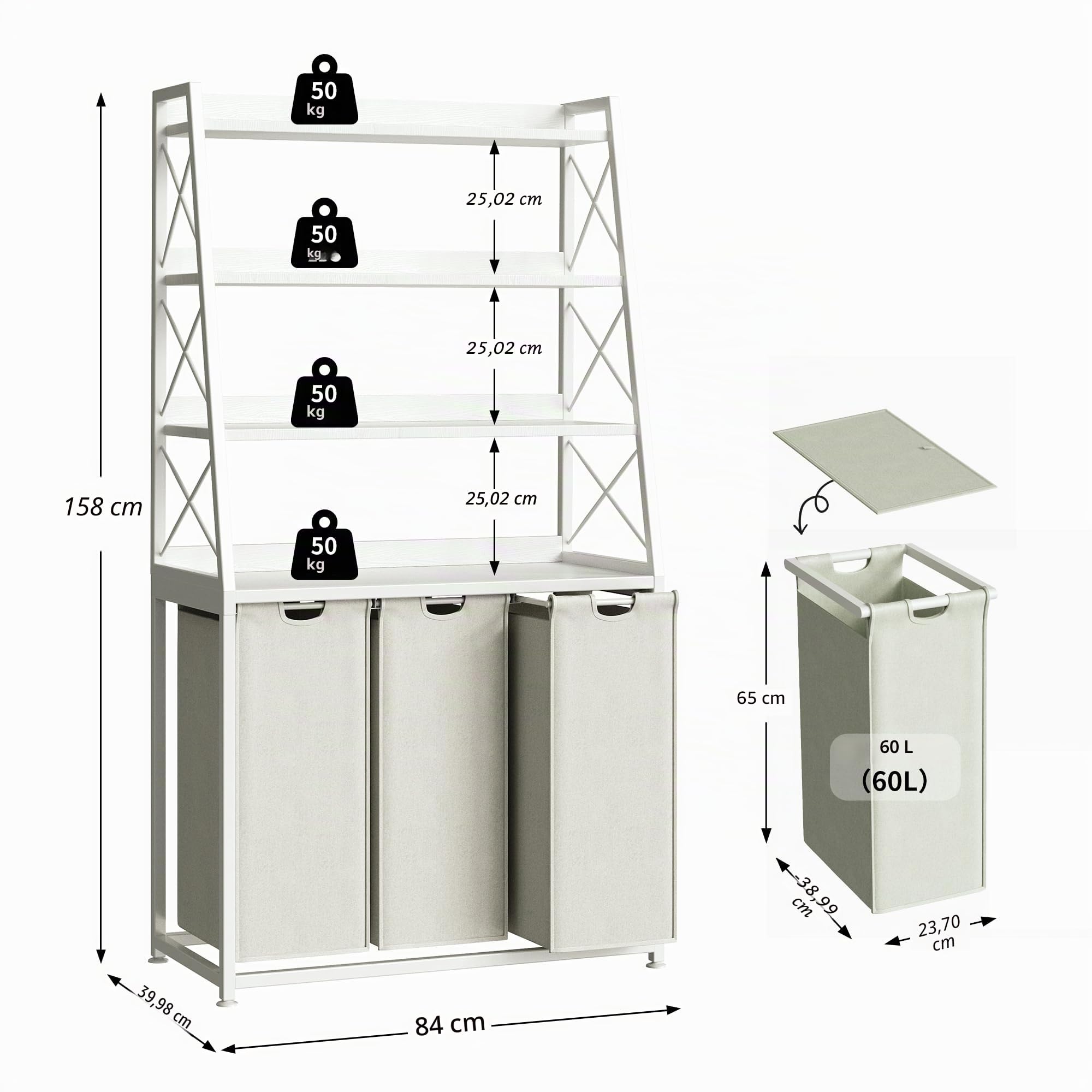 Herture Wäschekorb, 3 Abschnitte Wäschesammler mit 4 Etagen Regal, ausziehbare und abnehmbare Wäschesäcke, groß 3 x 60 L, für Waschküche Badezimmer, Weiß PF05XLW