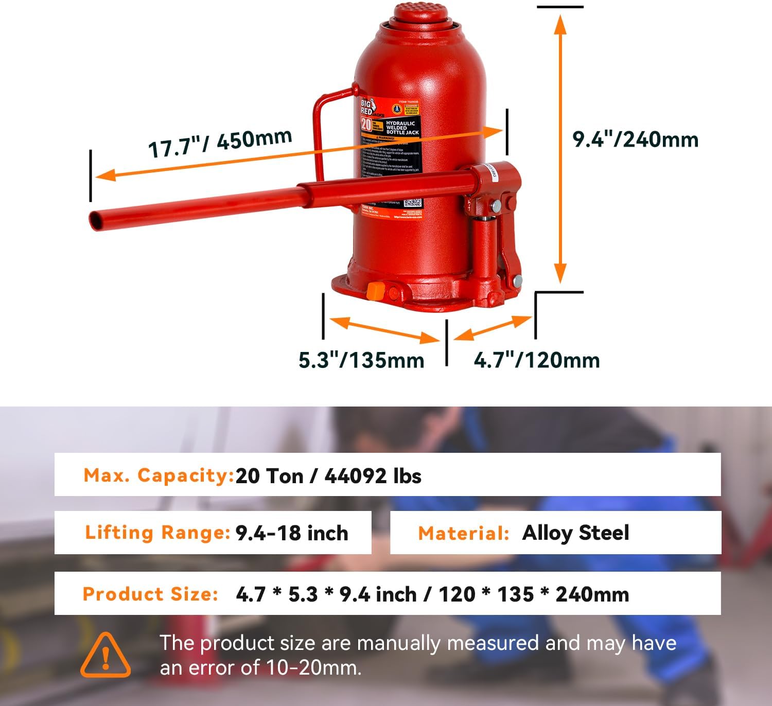 20 Ton (44,000 lb) Heavy Duty Hydraulic Bottle Jack - Industrial Welded Steel Car Lift Jack for Auto Repair & House Leveling - Professional Grade with Safety Valve - Red, TAM92003B
