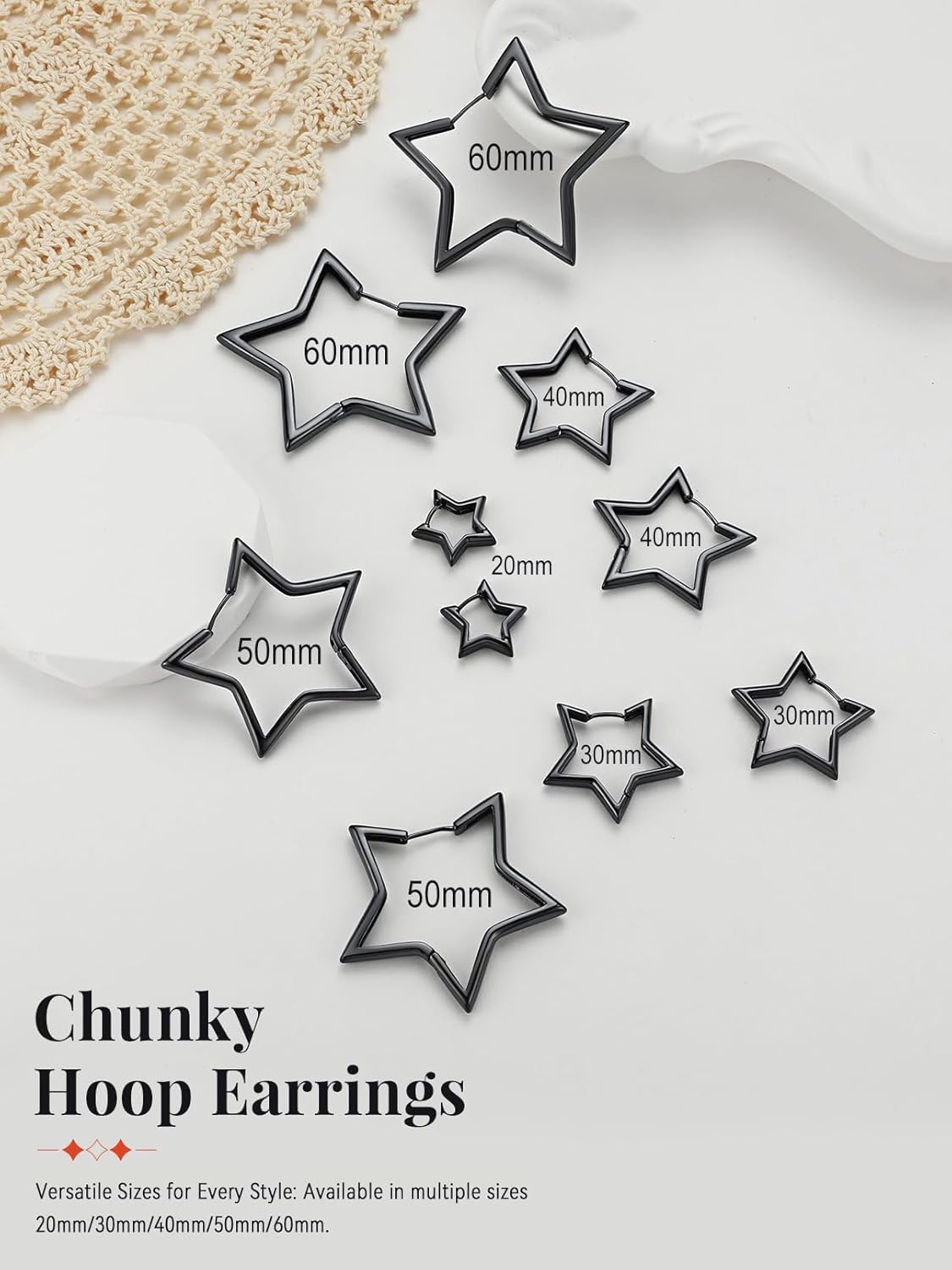 FaithHeart Star Hoop Earrings for Women Hypoallergenic, Silver/Black/14K Gold Plated Hoop Earrings for Women Hypoallergenic Lightweight Star Earring Fashion Cute Jewelry, 20/30/40/50/60mm - Image 4