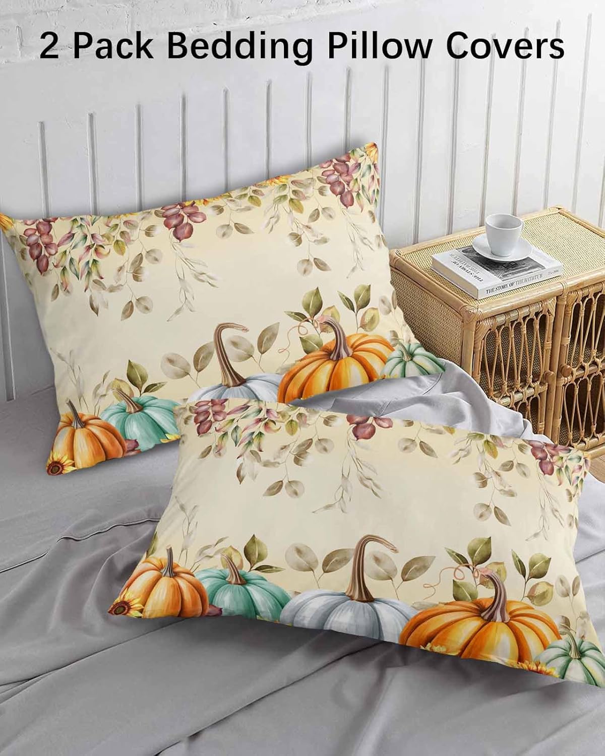 Thanksgiving Standard Size Pillowcases,2 Packs Soft Bed Throw Pillow Covers Decorative Sofa Couch Long Body Lumbar Bolster Cushion Case Envelope Closure,Fall Pumpkin Sunflower Eucalyptus Leaf 20"x26"