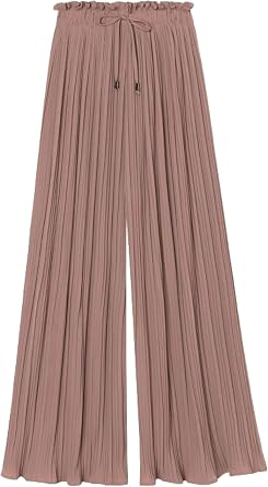 Womens Wide Leg Khaki Chiffon Lace Elastic Waist Summer Loose Hakama Pants