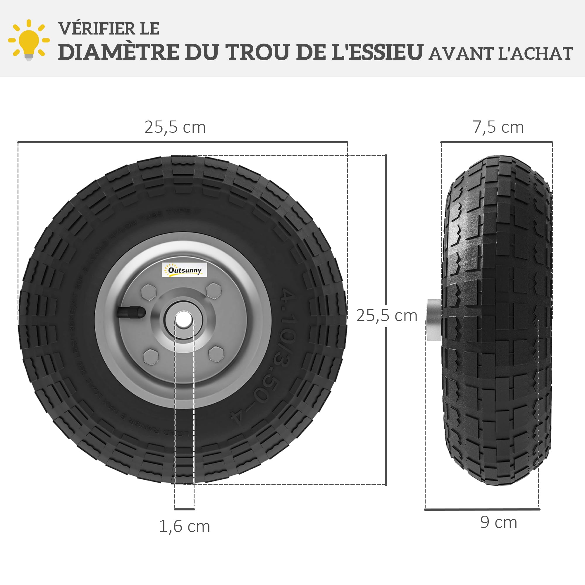 Outsunny Lot de 2 Pneus Roues de Remplacement 255 mm pour Chariot de Jardin | en Caoutchouc, Alésage de 16mm, pour Brouette, Roue Diable