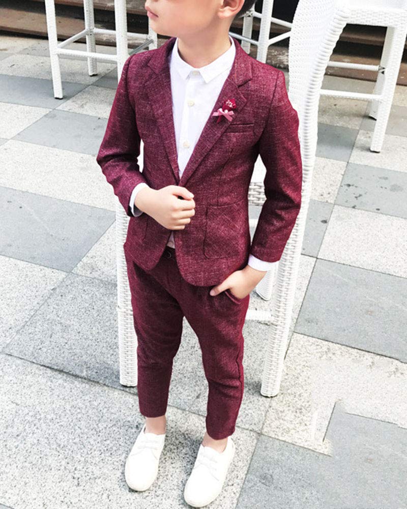 Jungen Kinder Anzug Plaid Zweiteiliges Set Lange Ärmel Revers Blazer Hosen Outfit Burgunderrot 130