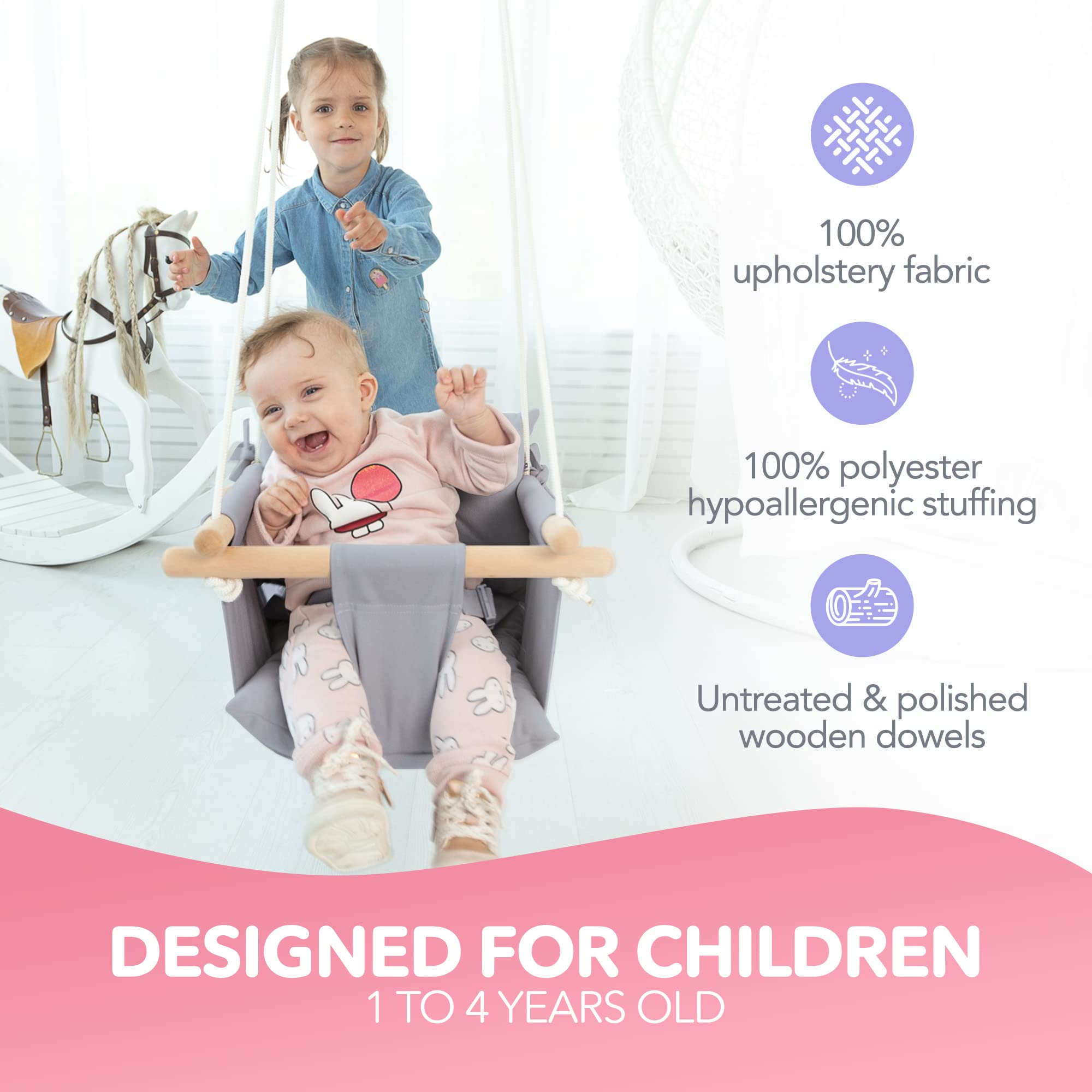 CaTeam - Balançoire pour bébé en Toile, balançoire Suspendue en Bois avec Ceinture de sécurité, Chaise hamac Durable pour bébé, balançoire extérieure et intérieure pour Enfants, Gris Taupe