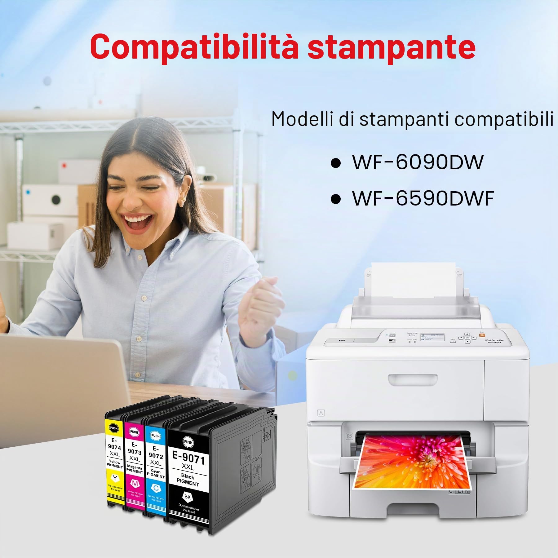 T9071 T9072 T9073 T9074 Inchiostri compatibili con EPS T9071XXL T9072XXL T9073XXL T9074XXL Multipack per stampanti Workforce Pro WF-6000, WF-6090, WF-6590 (4 pezzi, nero, ciano, magenta