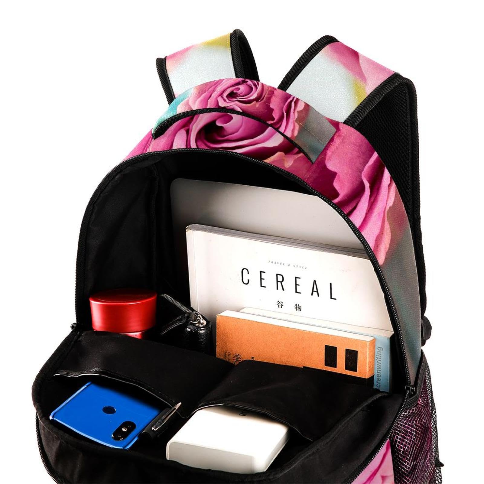 Zaino scolastico per uomini e donne, borsa da viaggio per computer portatile con rosa rosa, zaino leggero per università, zaino casual per libri