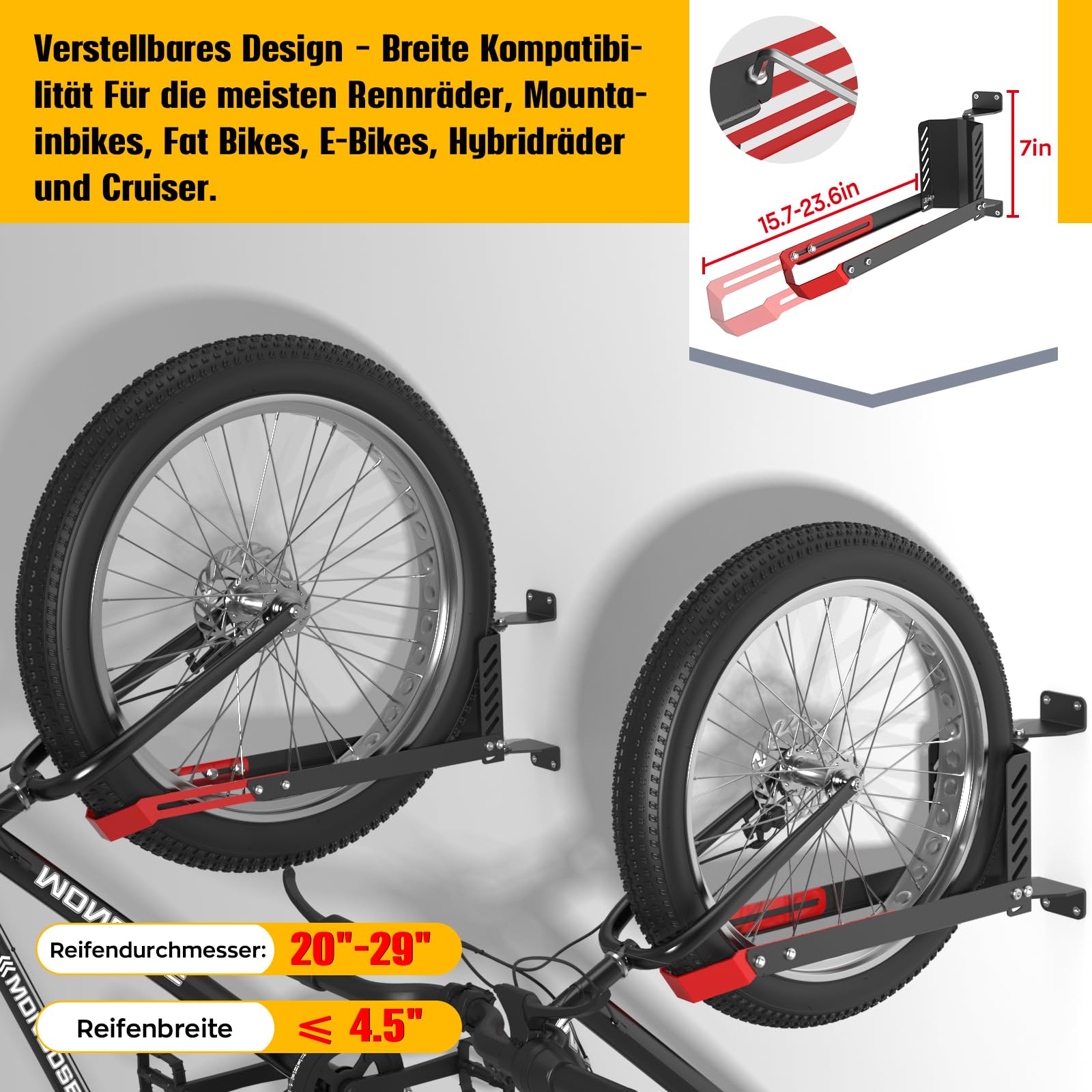 Hochwertige 160° Schwenkbare Fahrrad Wandhalterung, Fahrradständer ohne Schweres Heben, Verstellbare Faltbare Wandhalterung für Platzsparende Aufbewahrung,Passend für 20"-29" Reifen(rot/schwarz)
