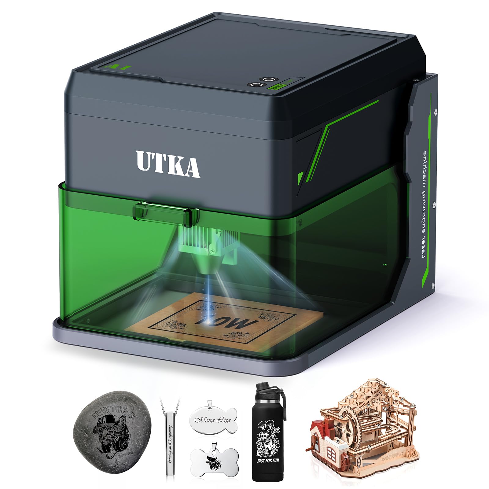 UTKA A1 10W Mini graveur laser avec Cemera, graveur laser portable de 3,93 * 3,93 pouces et machine de coupe pour le bois, le papier, le plastique, le cuir, le tissu, la nourriture, le métal peint