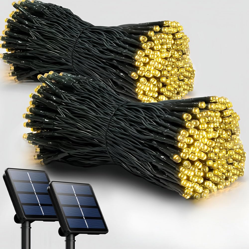 Treer Solar Outdoor Fairy Lights, 2 Pieces Solar Powered Garden Lights - IP65 Waterproof, Outside Garden Ornaments Outdoor LED String Lighting for Patio Yard Party Wedding (Yellow,22m 200 Lights)