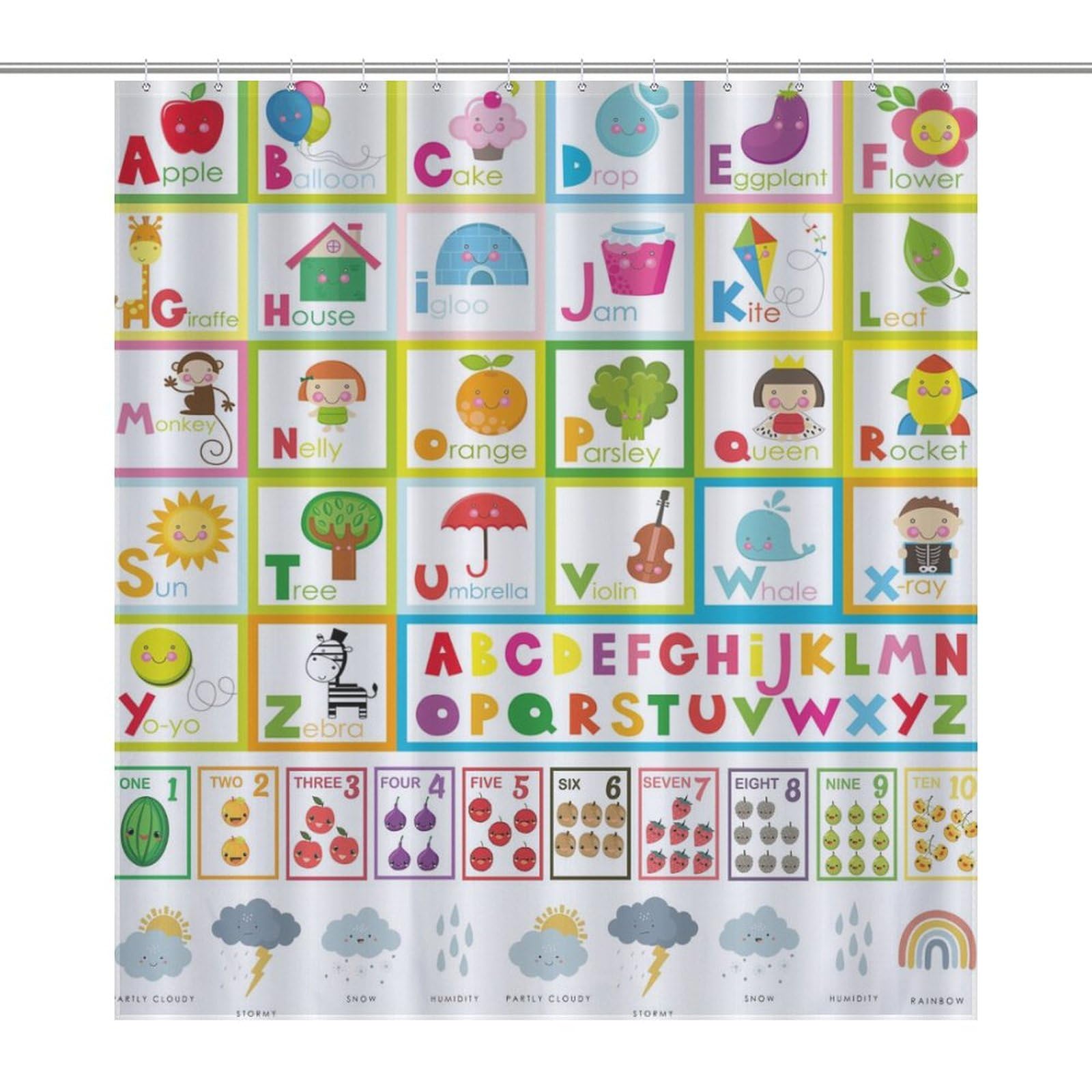 ABC Alphabet Shower Curtain for Kids Room,Modern Cute Fun Cartoon Fruit Theme Alphabet Education Learning Print for Bathroom Home Decor Set with 12 Pack Plastic Hooks 66x72Inch?168x183cm?
