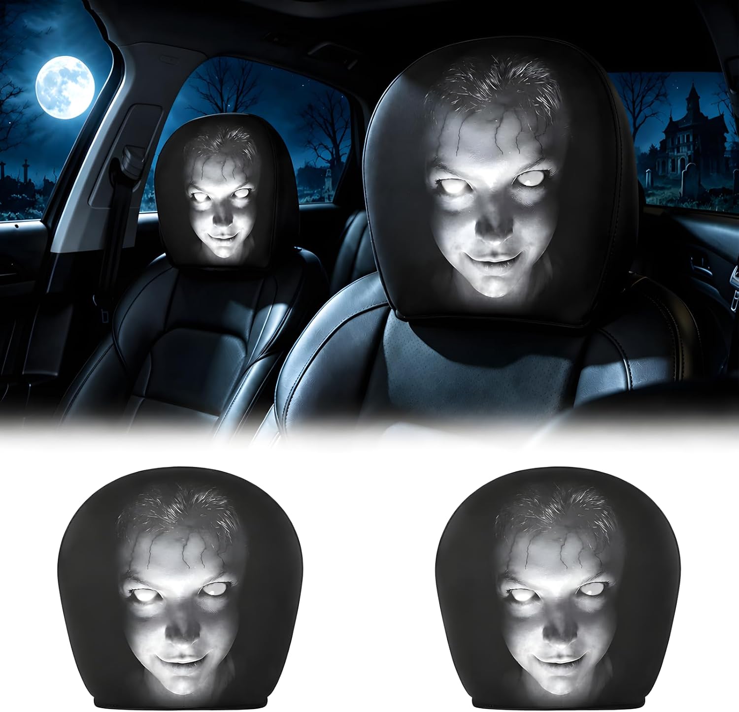 2 Pack Scary Headrest Covers for Cars, Halloween Ghost Face Headrest Covers