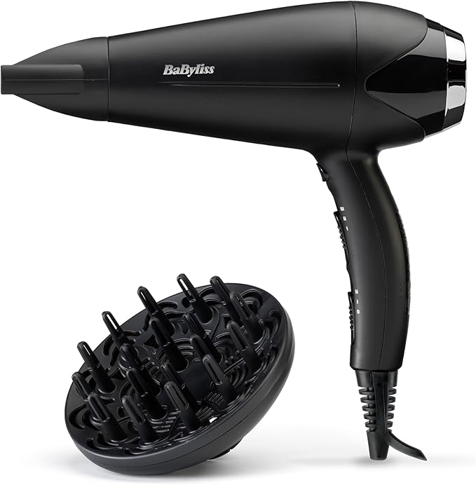 BaByliss Secador de Pelo Turbo Smooth - Secador potente de 2200W, Difusor grande, Tecnología iónica antiencrespamiento, 3 ajustes de temperatura 2 velocidades, Negro, D572DE