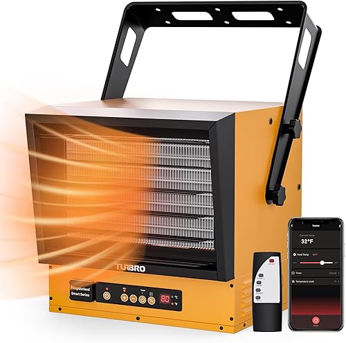TURBRO Calentador eléctrico de garaje de 15,000 W, cable duro de 240 V, habilitado para WiFi, calentador de taller forzado con ventilador con