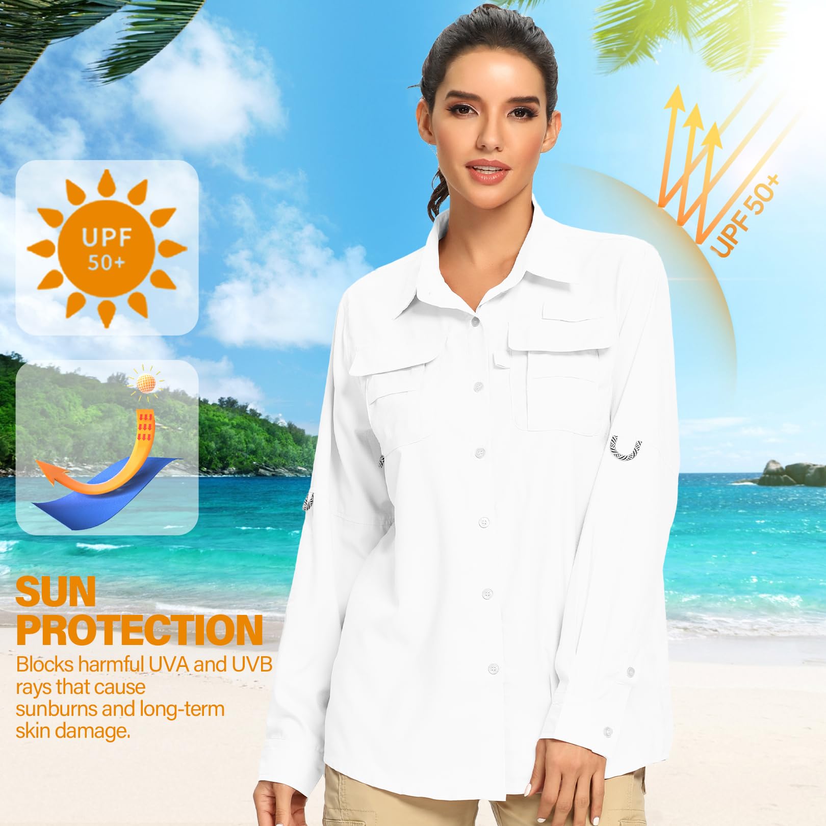 Camisas de safari de manga larga UPF 50 para mujer, protección solar UV, secado rápido, para pesca, senderismo, viajes