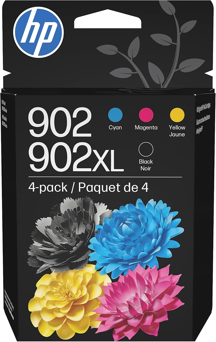 HP 902XL Black + 902 Cyan, Magenta, Yellow Ink Cartridge (Black XL + CMY) | Works OfficeJet 6954, 6958, 6962 OfficeJet Pro 6968, 6975, 6978 | T0A39AN