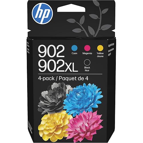 HP 902XL Black + 902 Cyan, Magenta, Yellow Ink Cartridge (Black XL + CMY) | Works OfficeJet 6954, 6958, 6962 OfficeJet Pro 6968, 6975, 6978 | T0A39AN