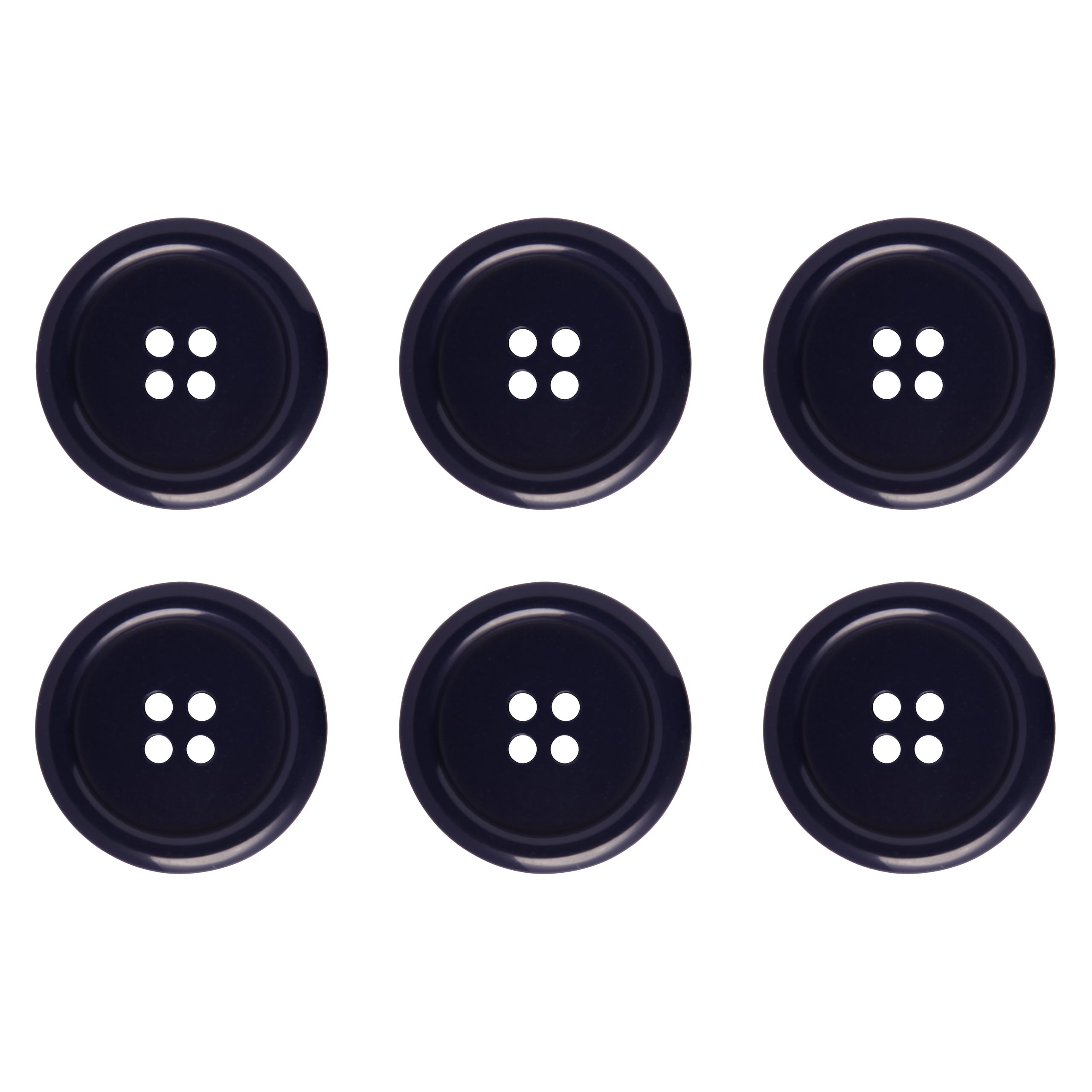 Pack of 6 Dark Blue Sew on 28mm Round Buttons Flat 4 Holes 44L 44 Ligne Polished