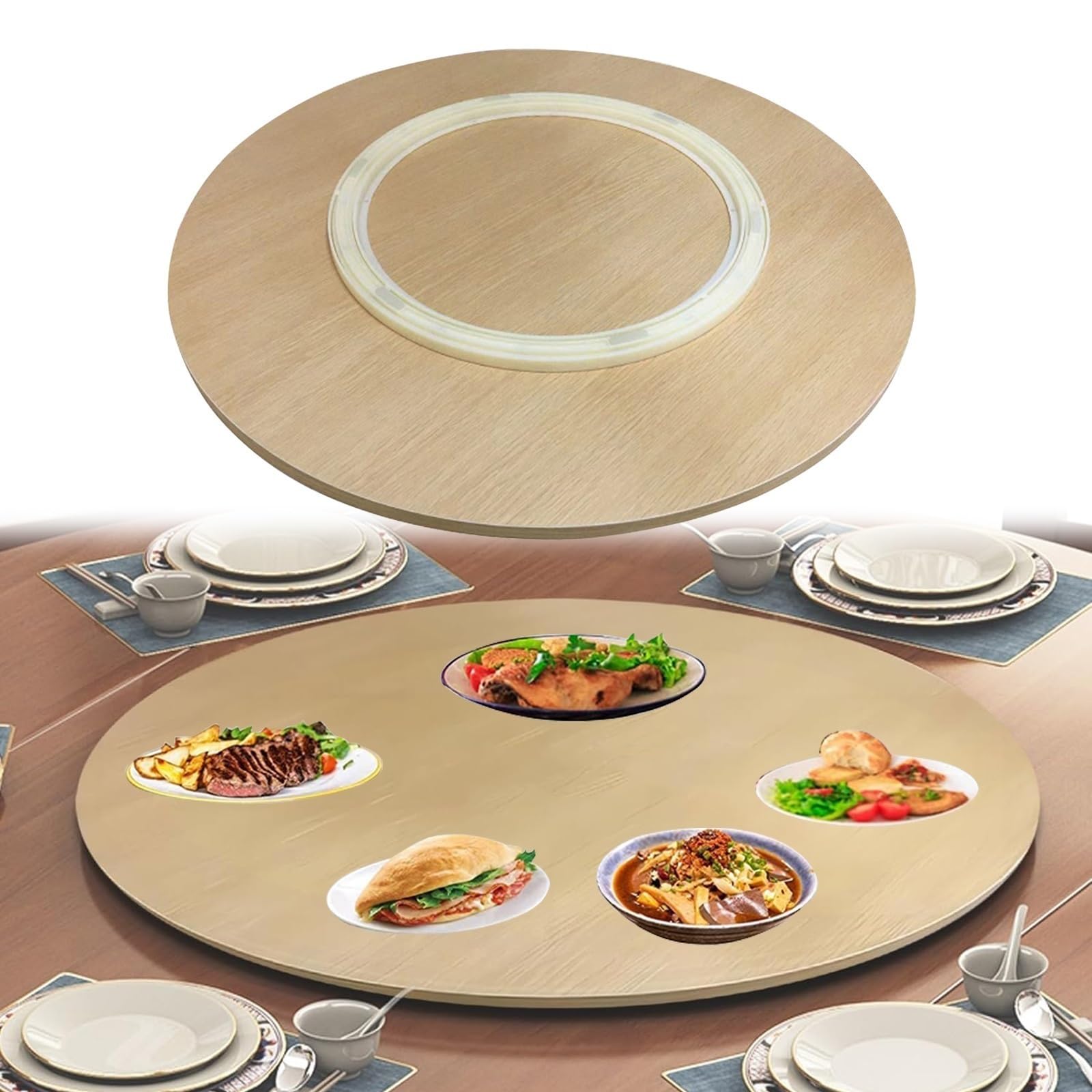 Drewniana taca do serwowania Lazy Susan 60 cm obrotowy okrągły talerz na stół w jadalni 360° gramofon ciche kółka idealna do rozrywki kuchni i wystroju domu